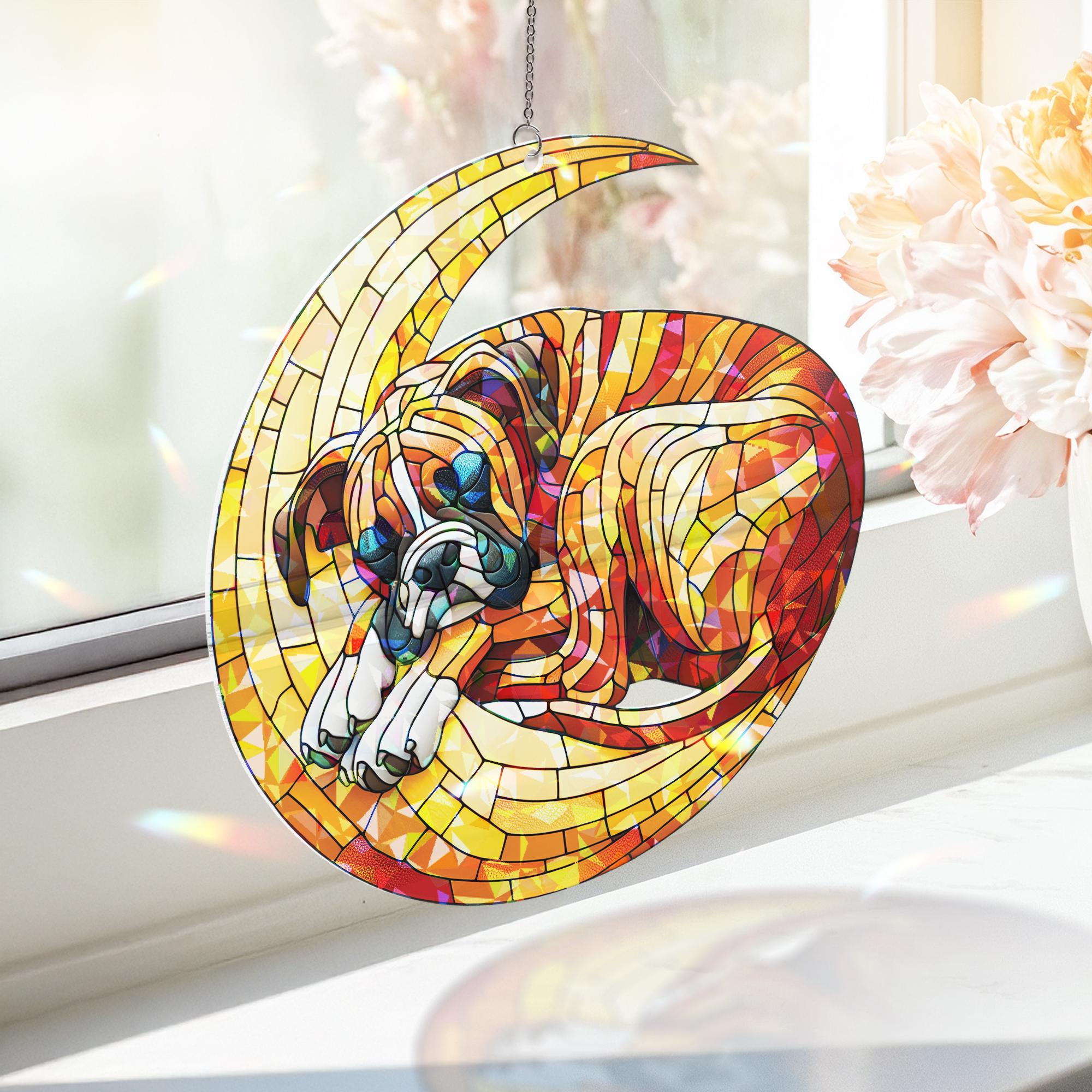 ACRYLIC Hologram Boxer dog  Sleep on Crescent Moon Window Hanging, Dog Lover Gift, Adorable Suncatcher Decor for Dog Moms