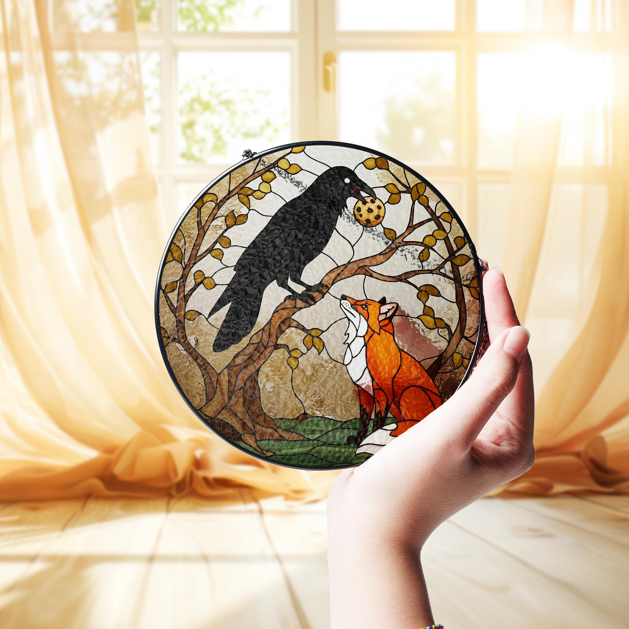 Raven and Fox glass suncatcher, Dark Academia Nature Landscape Decor - Unique Gift for Crow and Fox Lovers, Stylish Home Accents