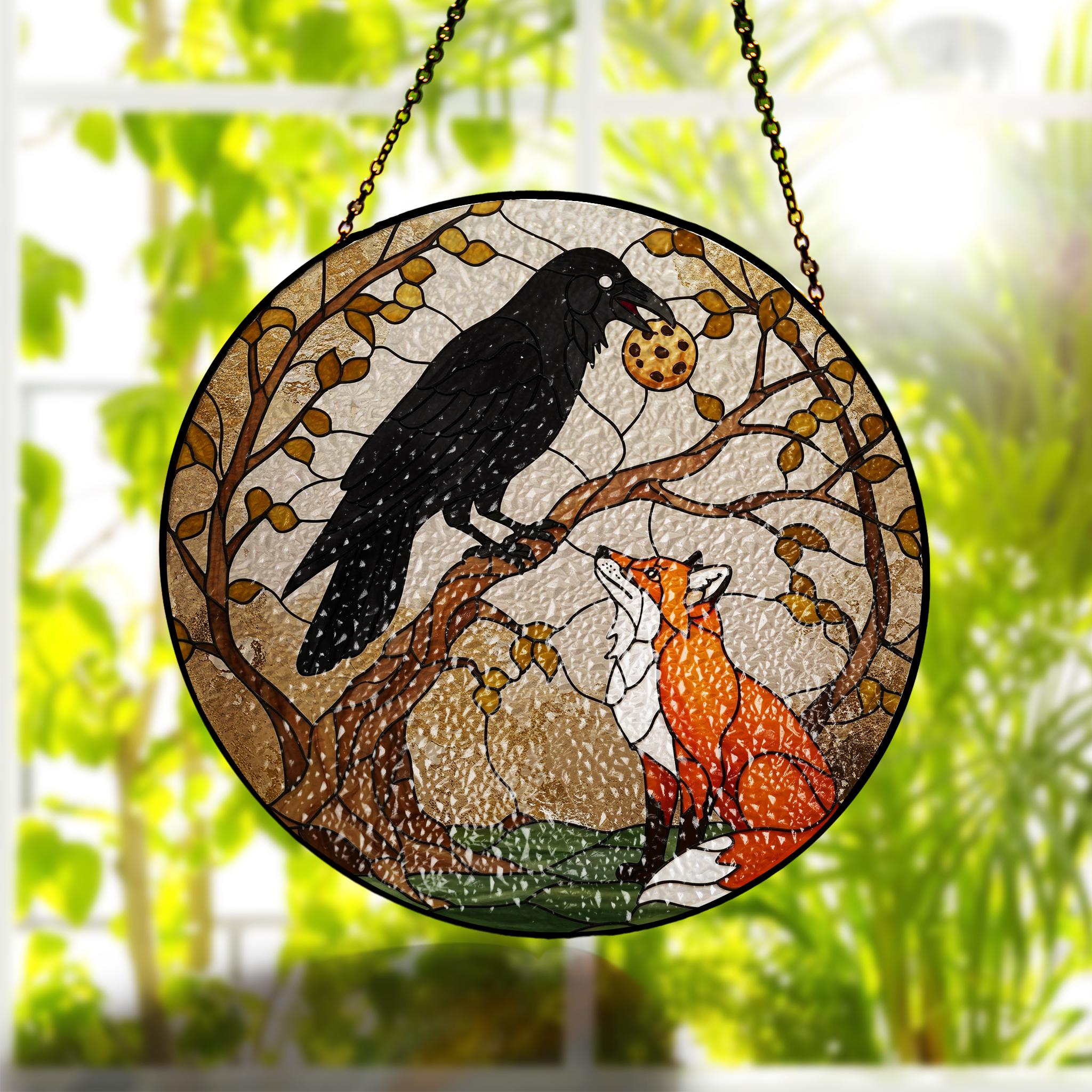 Raven and Fox glass suncatcher, Dark Academia Nature Landscape Decor - Unique Gift for Crow and Fox Lovers, Stylish Home Accents