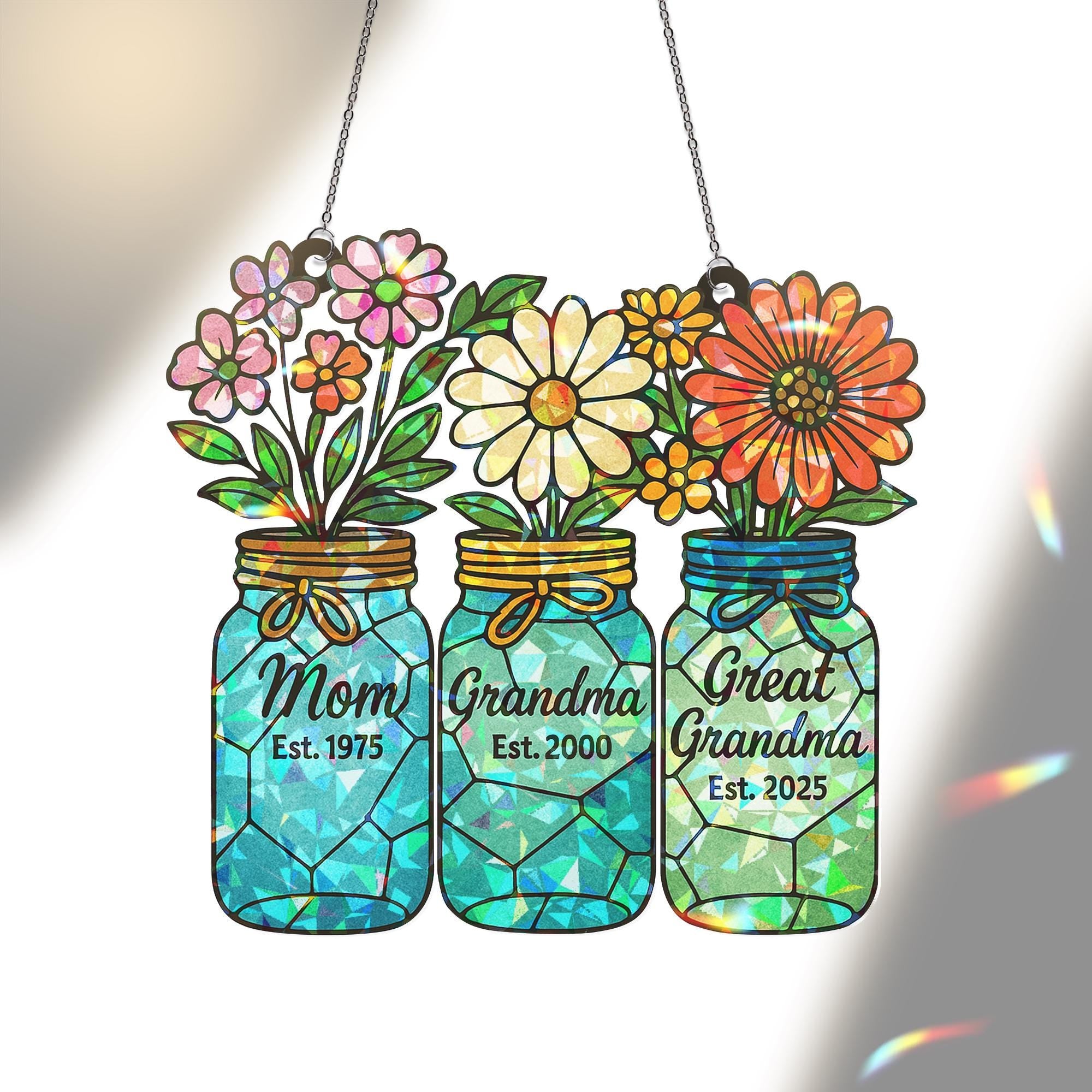 Generations Floral Jar Hologram Ornament | Mom Grandma Great Grandma Gift | Mother's Day Window Decor | Family Legacy Keepsake, Gift For Her