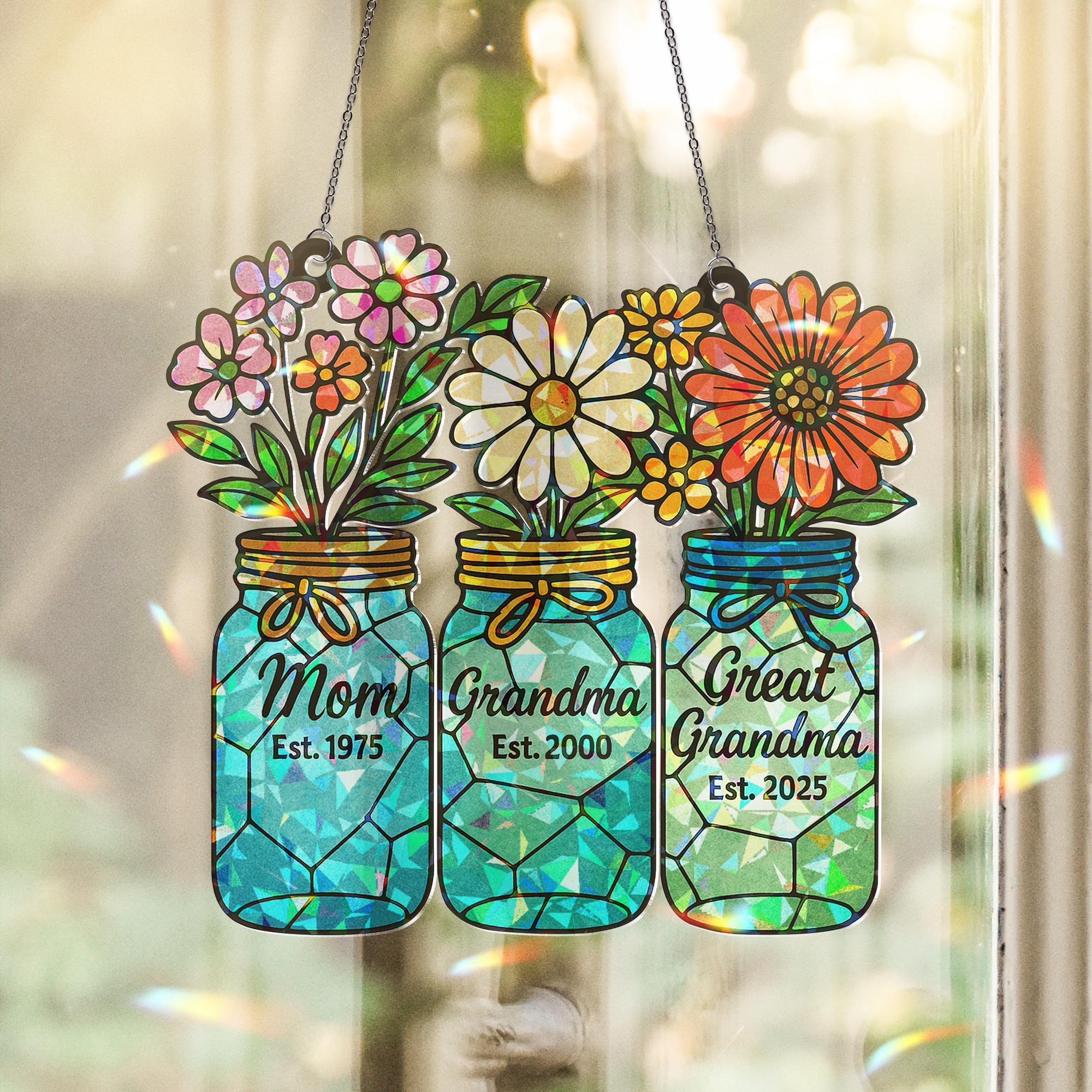 Generations Floral Jar Hologram Ornament | Mom Grandma Great Grandma Gift | Mother's Day Window Decor | Family Legacy Keepsake, Gift For Her