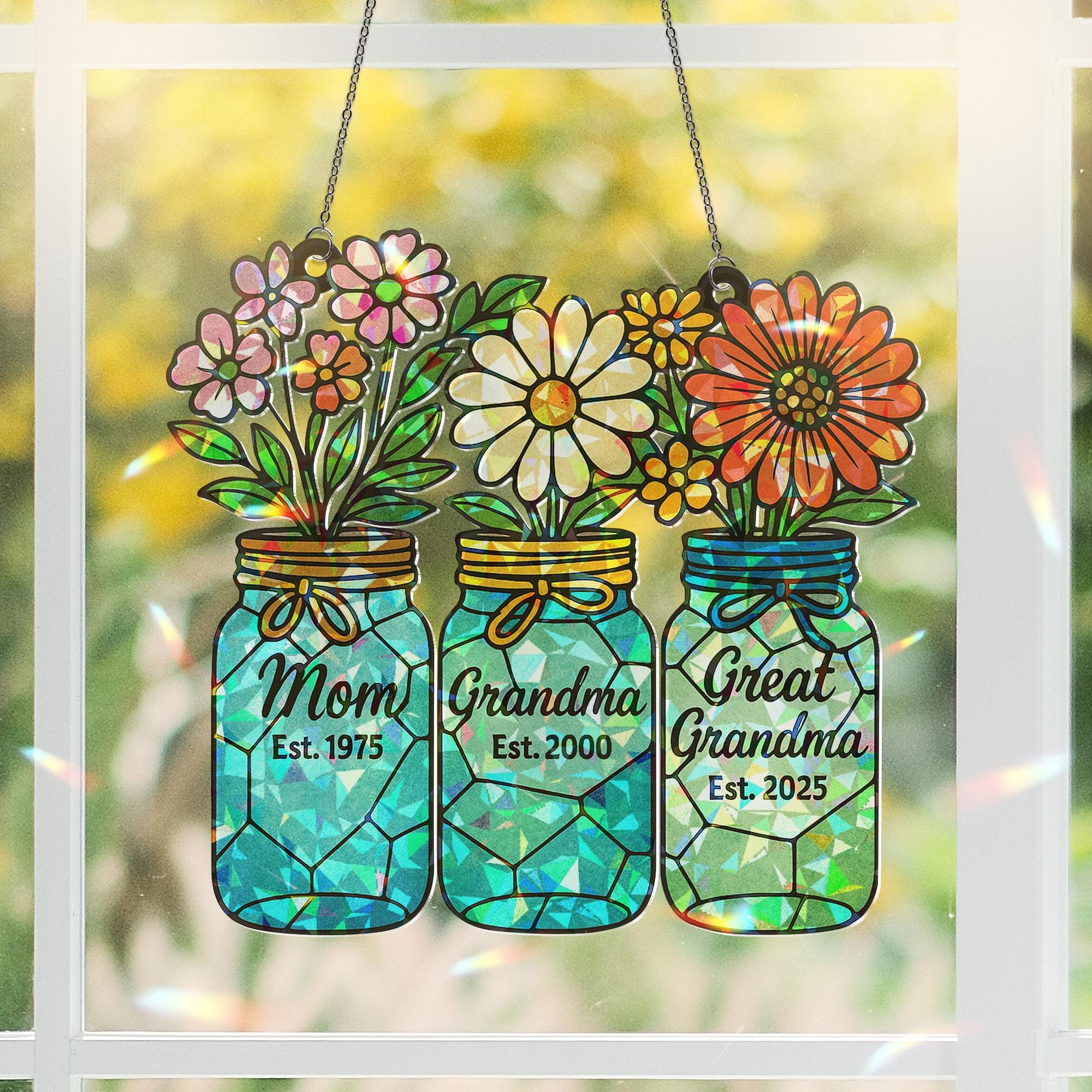 Generations Floral Jar Hologram Ornament | Mom Grandma Great Grandma Gift | Mother's Day Window Decor | Family Legacy Keepsake, Gift For Her