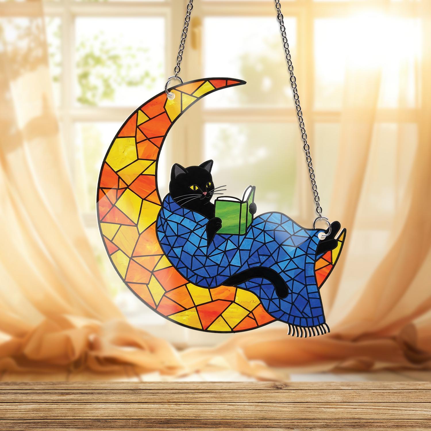 Black Cat Reading on Moon Acrylic Window Hanging, Cozy Reader Gift, Cat Lover Decor, Bookworm Suncatcher, Reading Nook Accent