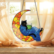 Black Cat Reading on Moon Acrylic Window Hanging, Cozy Reader Gift, Cat Lover Decor, Bookworm Suncatcher, Reading Nook Accent