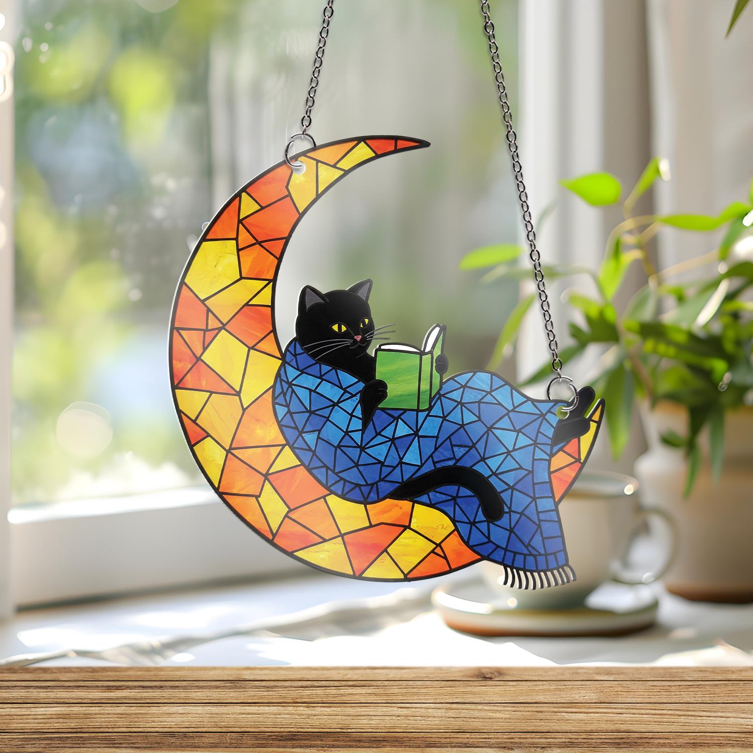 Black Cat Reading on Moon Acrylic Window Hanging, Cozy Reader Gift, Cat Lover Decor, Bookworm Suncatcher, Reading Nook Accent