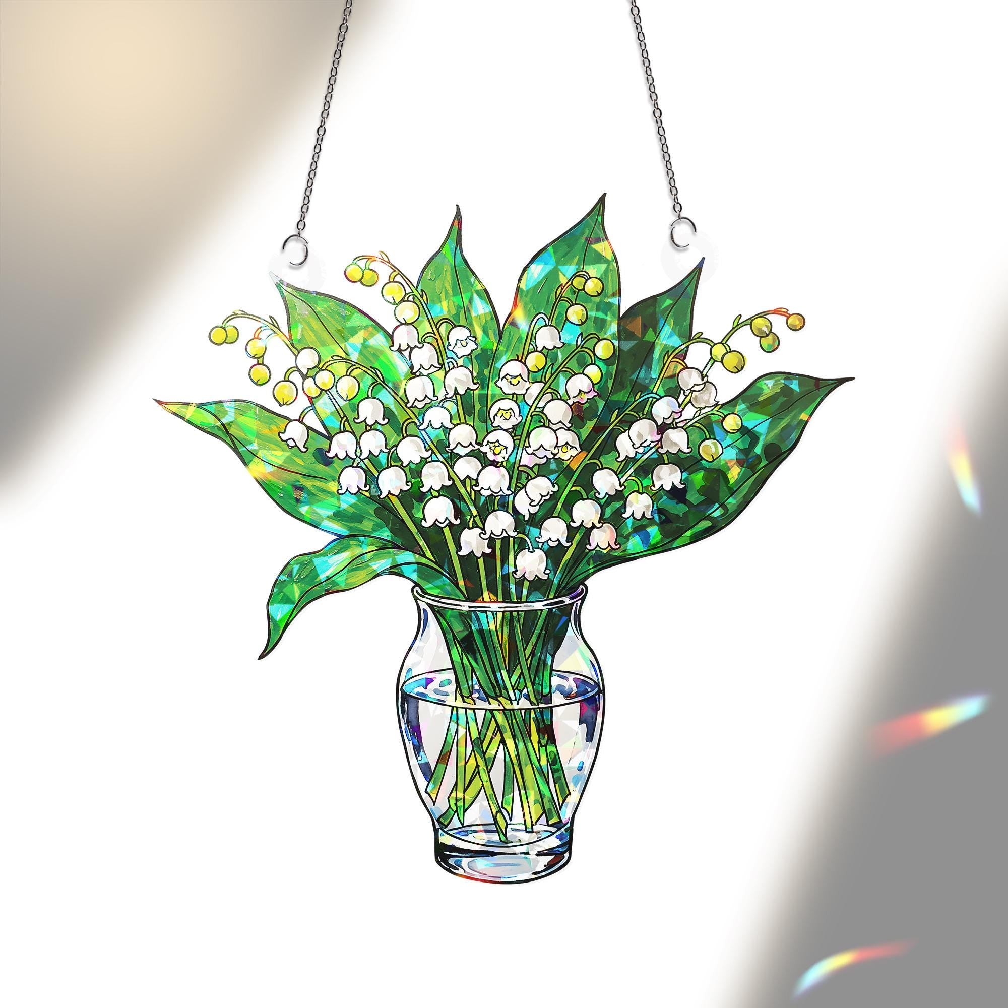 Lily of the Valley Acrylic Ornament Decor, Botanical Window Hanging, May Birth Flower Gift, Floral Glass Vase Decor, Mother's Day Gift