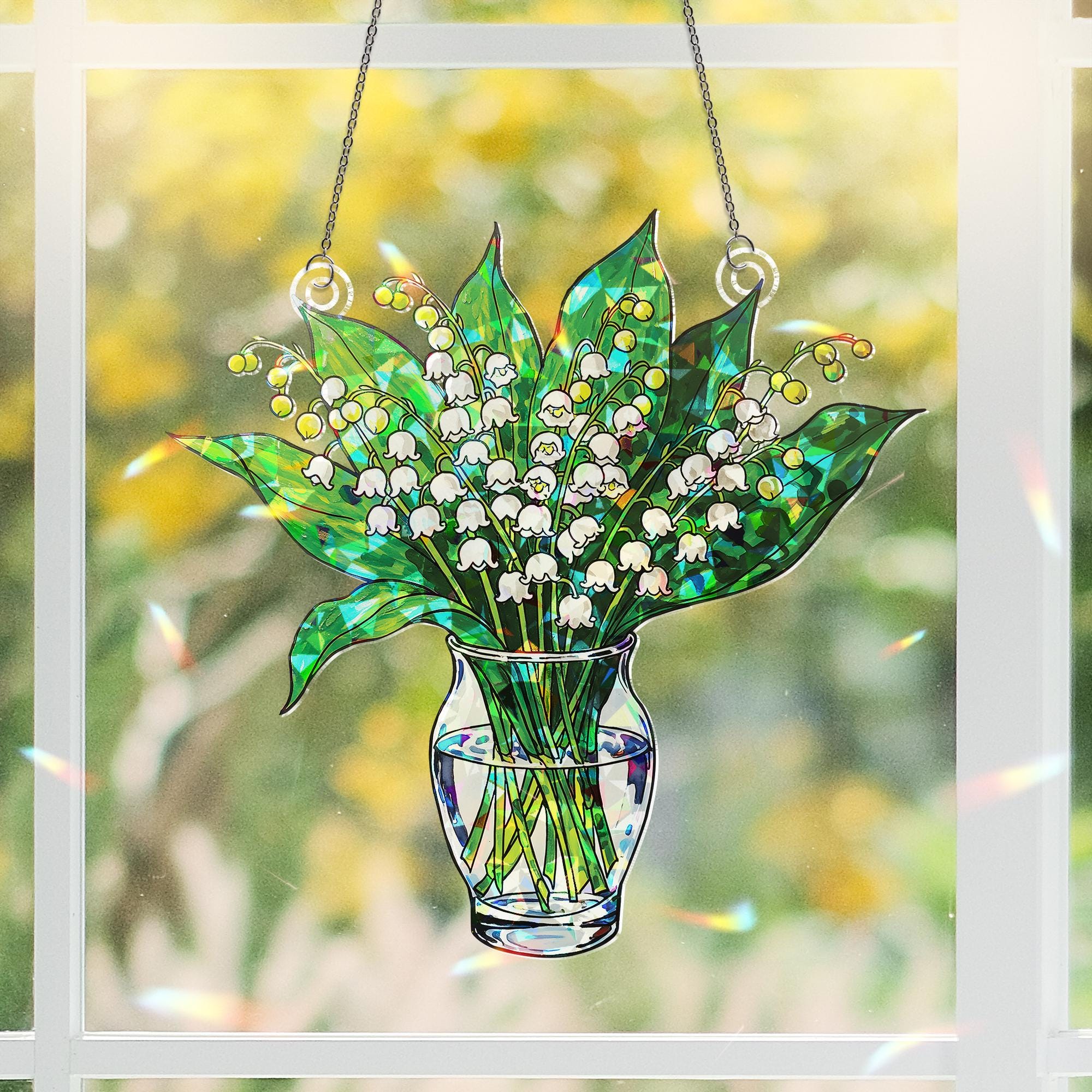 Lily of the Valley Acrylic Ornament Decor, Botanical Window Hanging, May Birth Flower Gift, Floral Glass Vase Decor, Mother's Day Gift