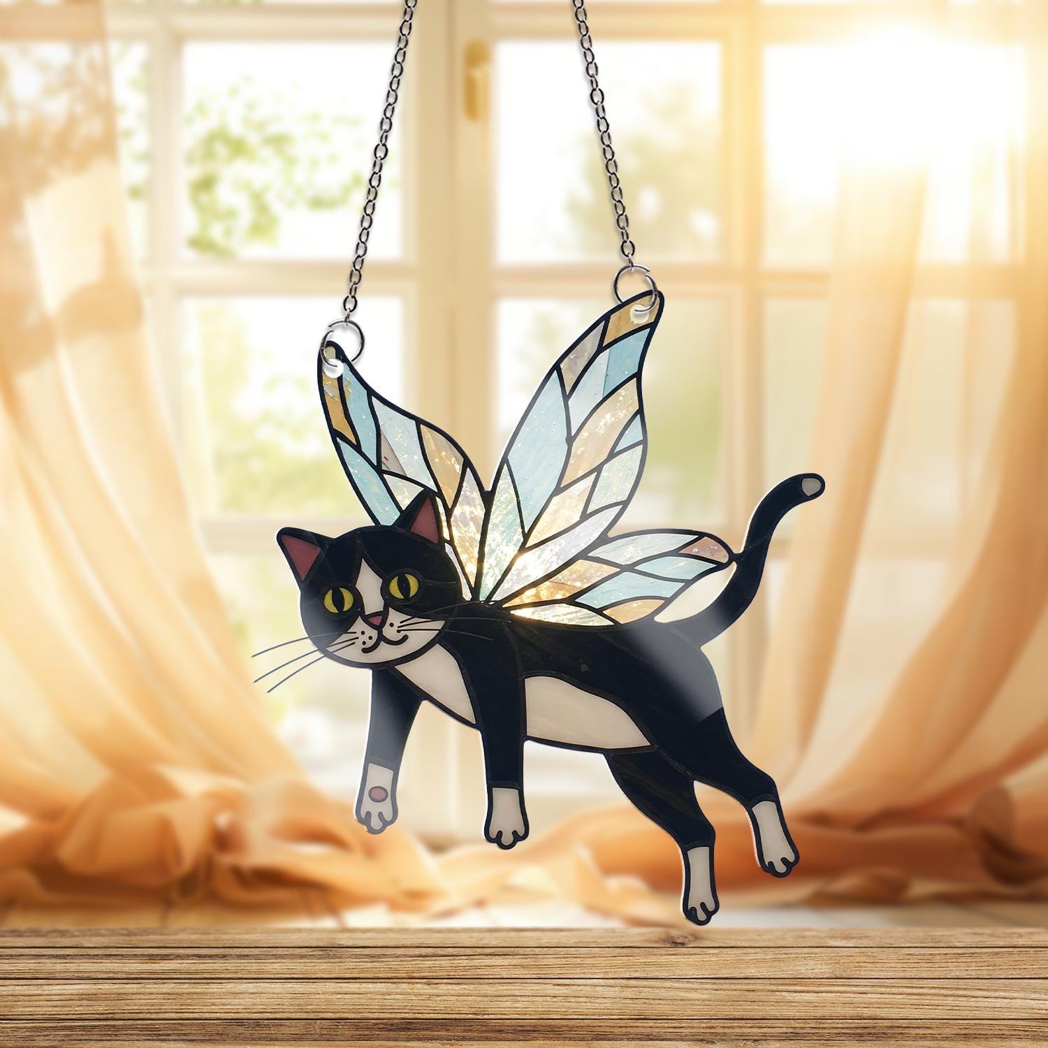 Tuxedo Cat Fairy Acrylic Suncatcher, Cat Lover Gift, Whimsical Cat Window Hanging, Magical Cat Decor, Fairy Cat Ornament