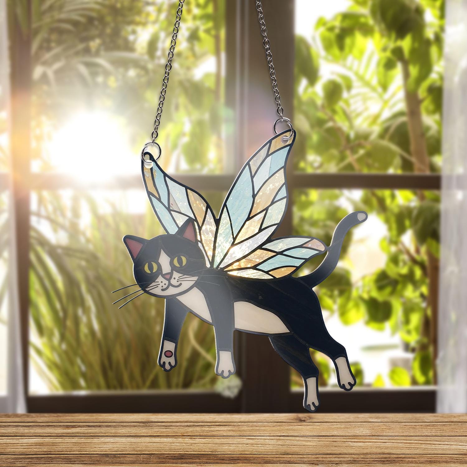 Tuxedo Cat Fairy Acrylic Suncatcher, Cat Lover Gift, Whimsical Cat Window Hanging, Magical Cat Decor, Fairy Cat Ornament