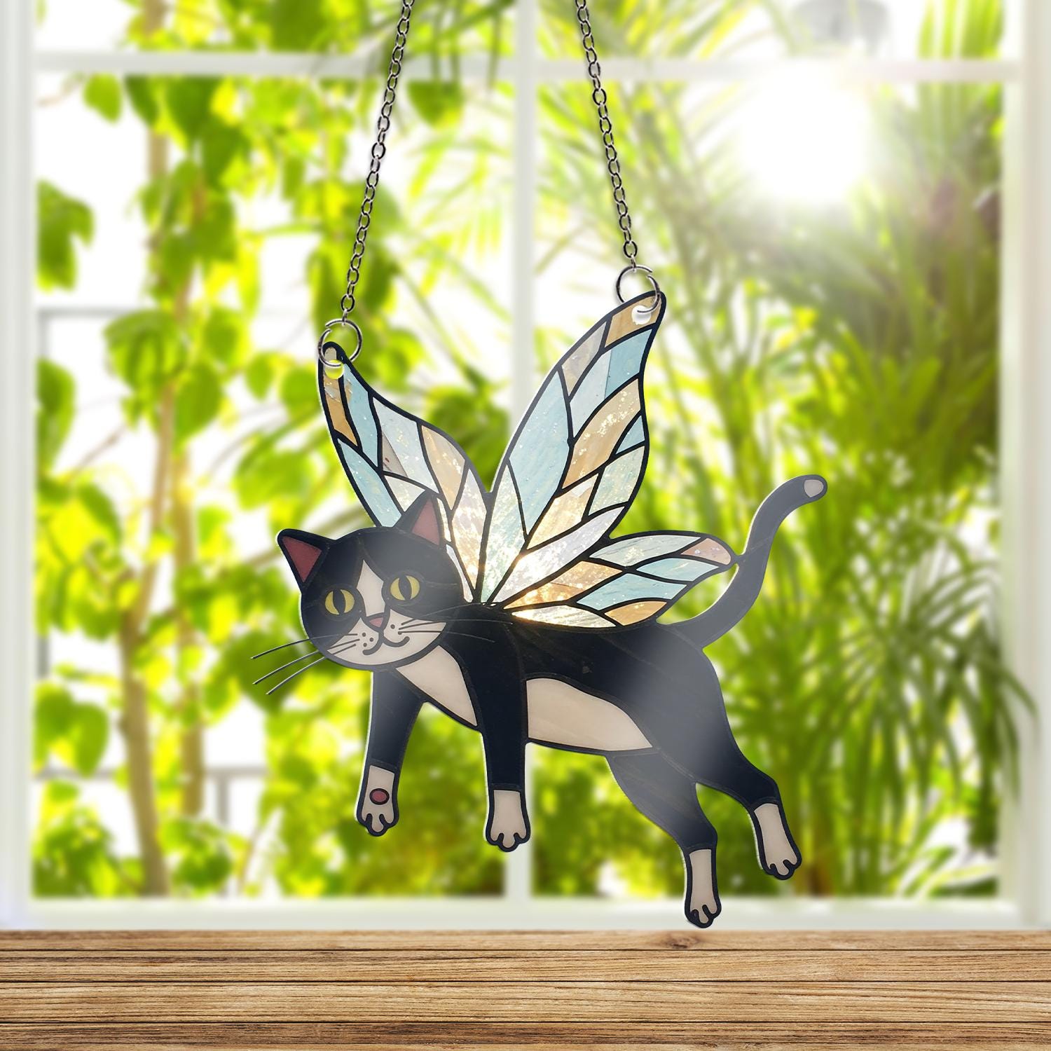 Tuxedo Cat Fairy Acrylic Suncatcher, Cat Lover Gift, Whimsical Cat Window Hanging, Magical Cat Decor, Fairy Cat Ornament