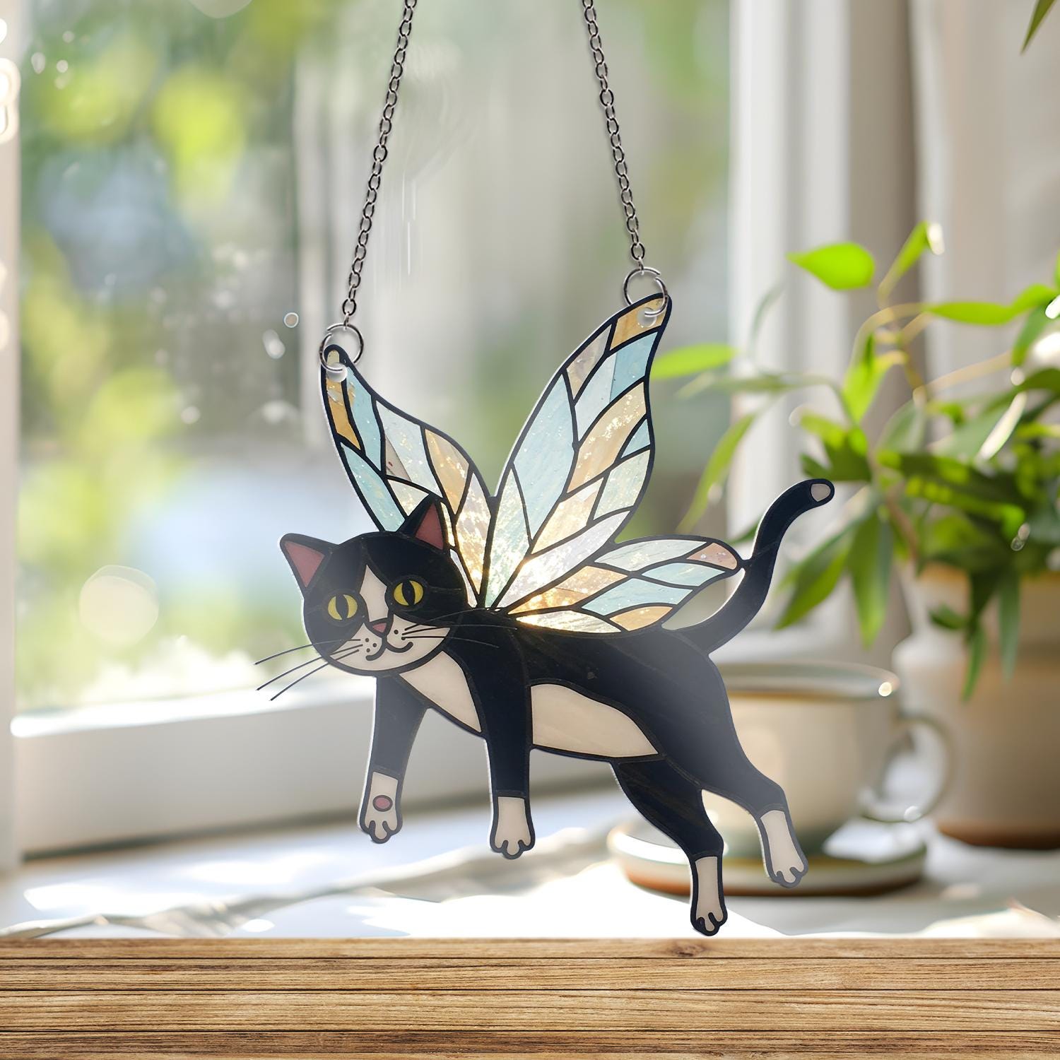Tuxedo Cat Fairy Acrylic Suncatcher, Cat Lover Gift, Whimsical Cat Window Hanging, Magical Cat Decor, Fairy Cat Ornament