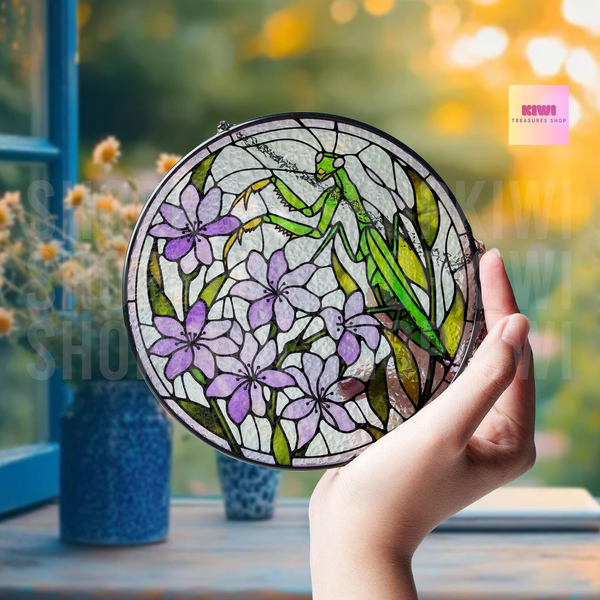 Praying Mantis Glass Suncatcher – Insect Window Decor, Purple Flower Bug Lover Gift, Nature Art Garden Ornament