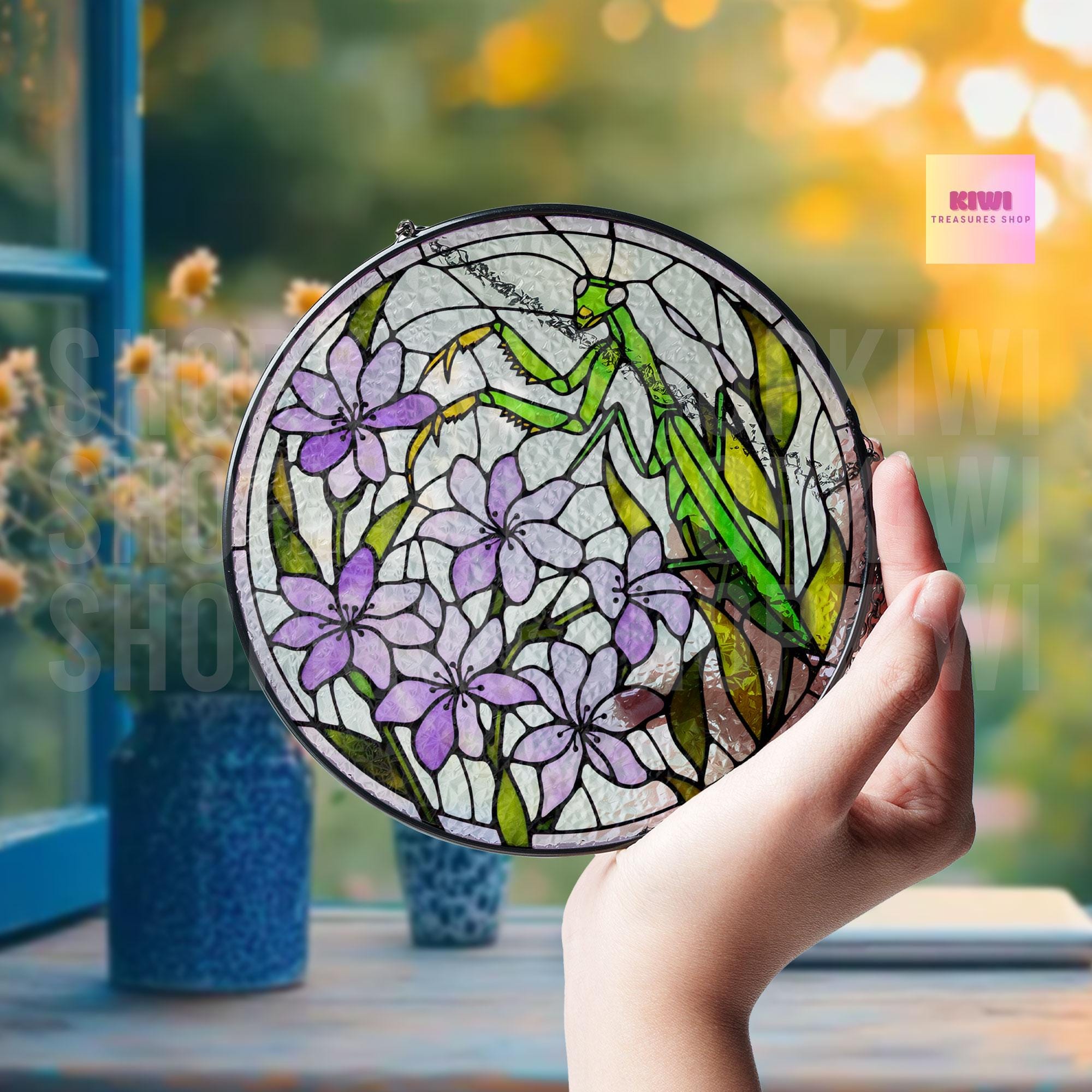 Praying Mantis Glass Suncatcher – Insect Window Decor, Purple Flower Bug Lover Gift, Nature Art Garden Ornament