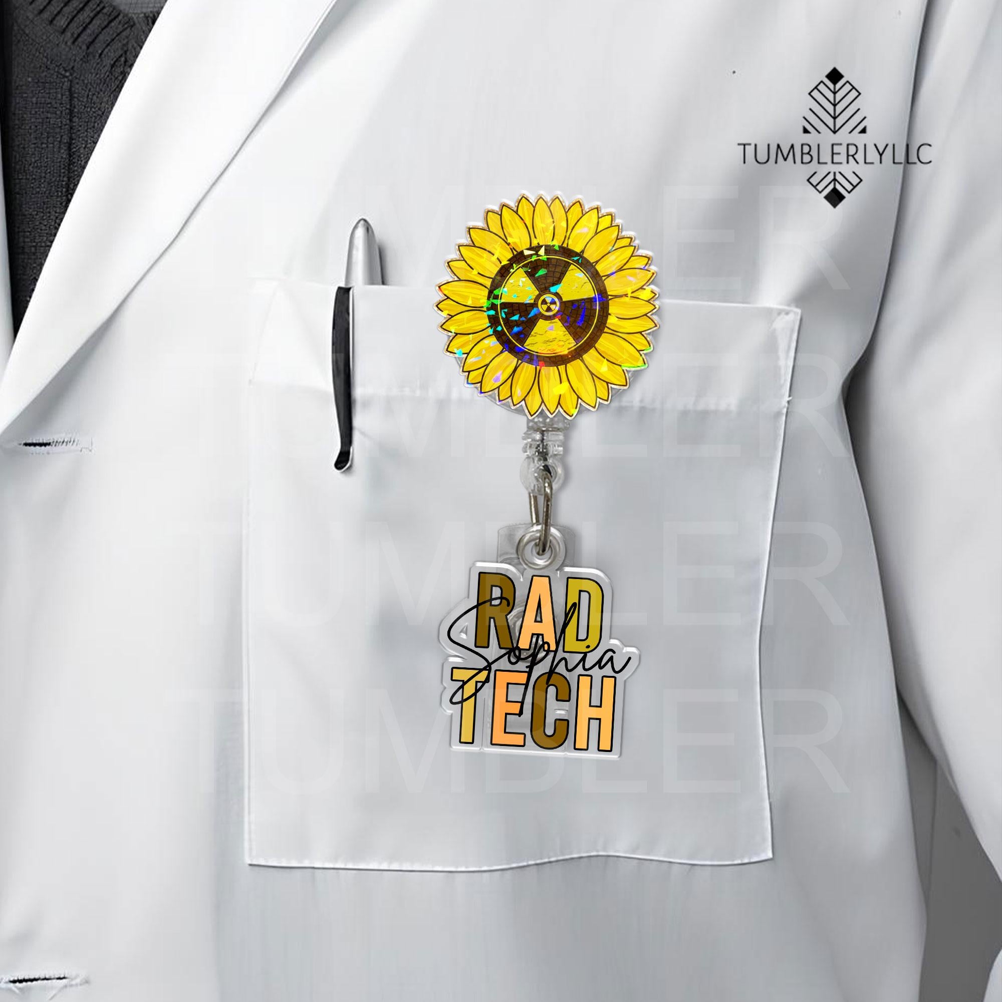 Custom Sunflower Rad Tech Charm With Name Badge Reel, x-ray badge reel, radiology badge reel, gift for x-ray tech, gift for radiologist