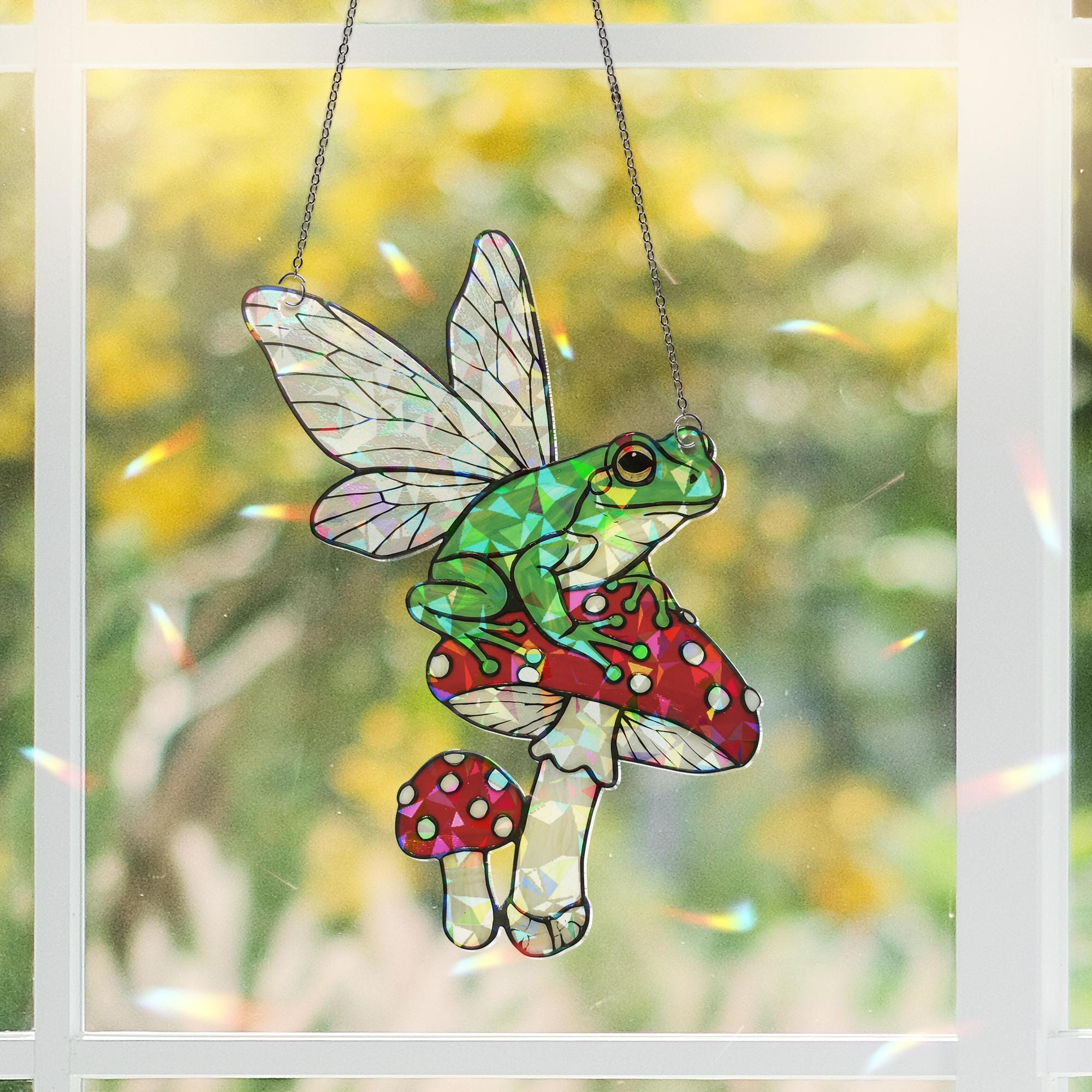 Fairy Frog On Mushroom Hologram Acrylic Window Decor, Cute Frog Decor, Vintage Frog Gift, Botanical Decor, Frog Lover Gift, Cottagecore Gift