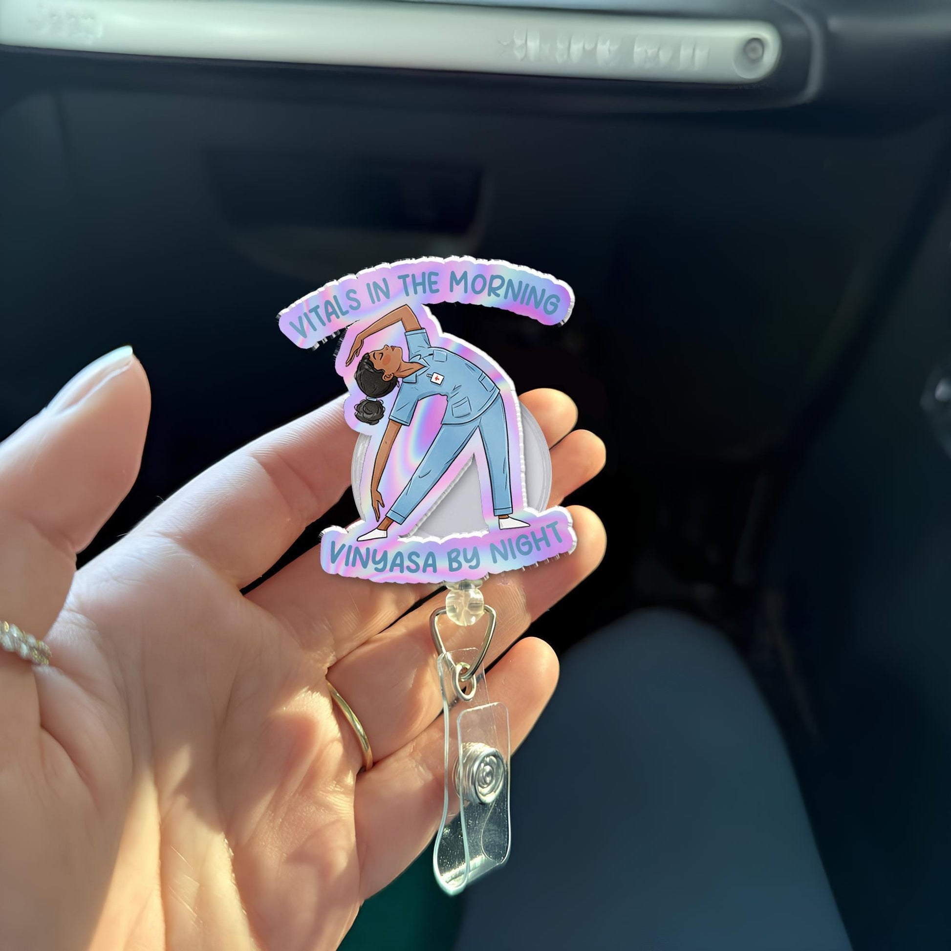 Nurse Yoga Badge Reel, Vitals in Morning Vinyasa by Night, Funny Nurse Gift, FAUX Holographic RN Badge Holder, Yoga Lover Gift for Nurses