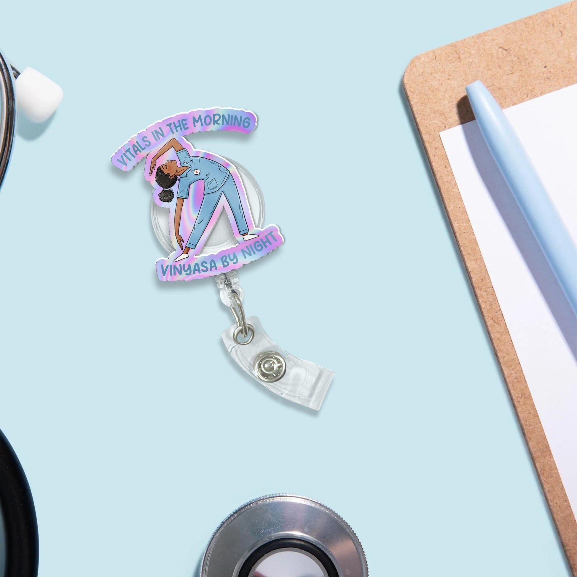 Nurse Yoga Badge Reel, Vitals in Morning Vinyasa by Night, Funny Nurse Gift, FAUX Holographic RN Badge Holder, Yoga Lover Gift for Nurses