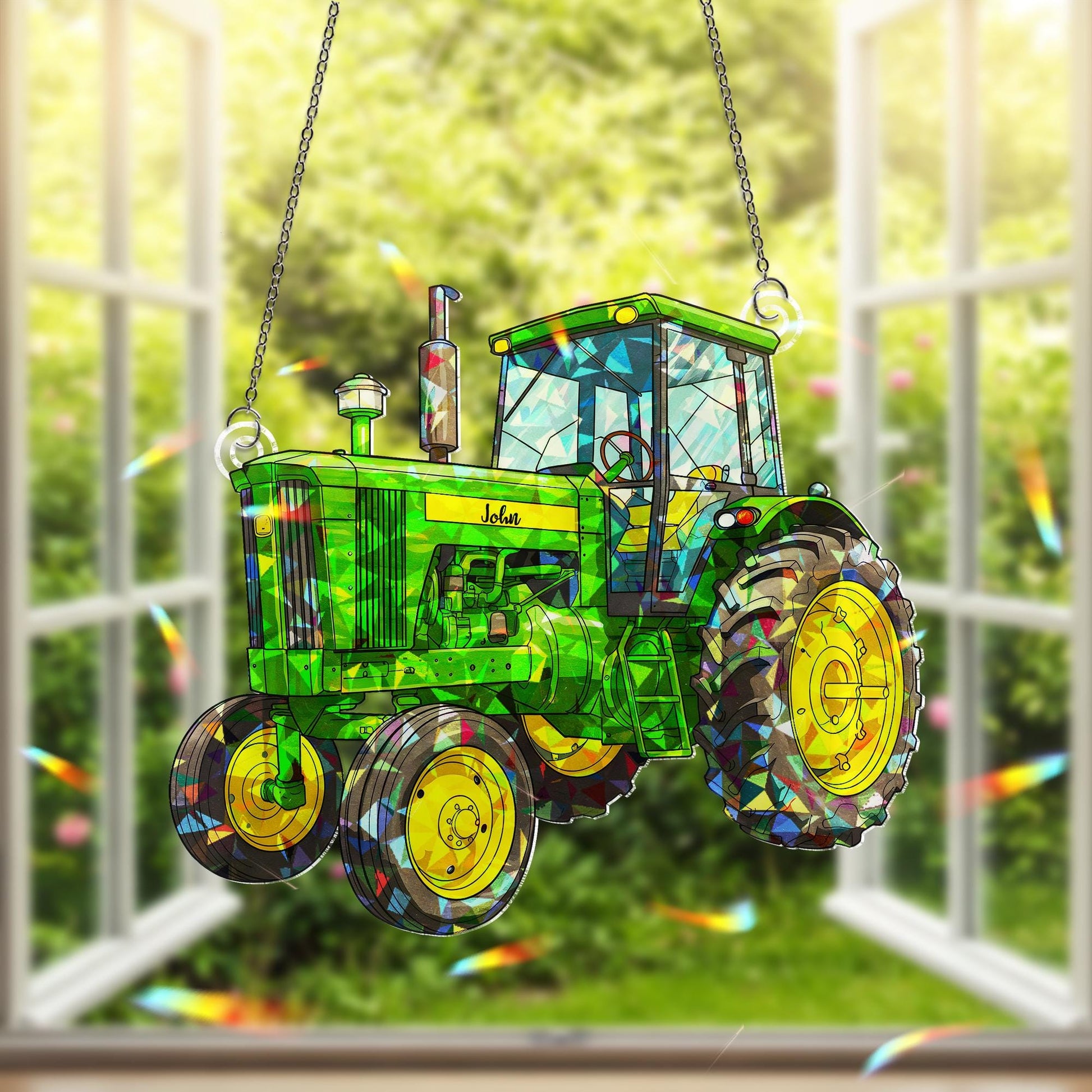 Personalized Green Tractor Acrylic Ornament, Custom Name Window Hanging Ornament, Farmhouse Decor, Gift For Farmer, Gift For Him