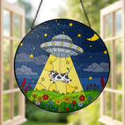 UFO Cow Abduction Glass Suncatcher, Funny Alien Window Hanging, Whimsical Farmhouse Decor, Funny Gift, Daily Cow Gift