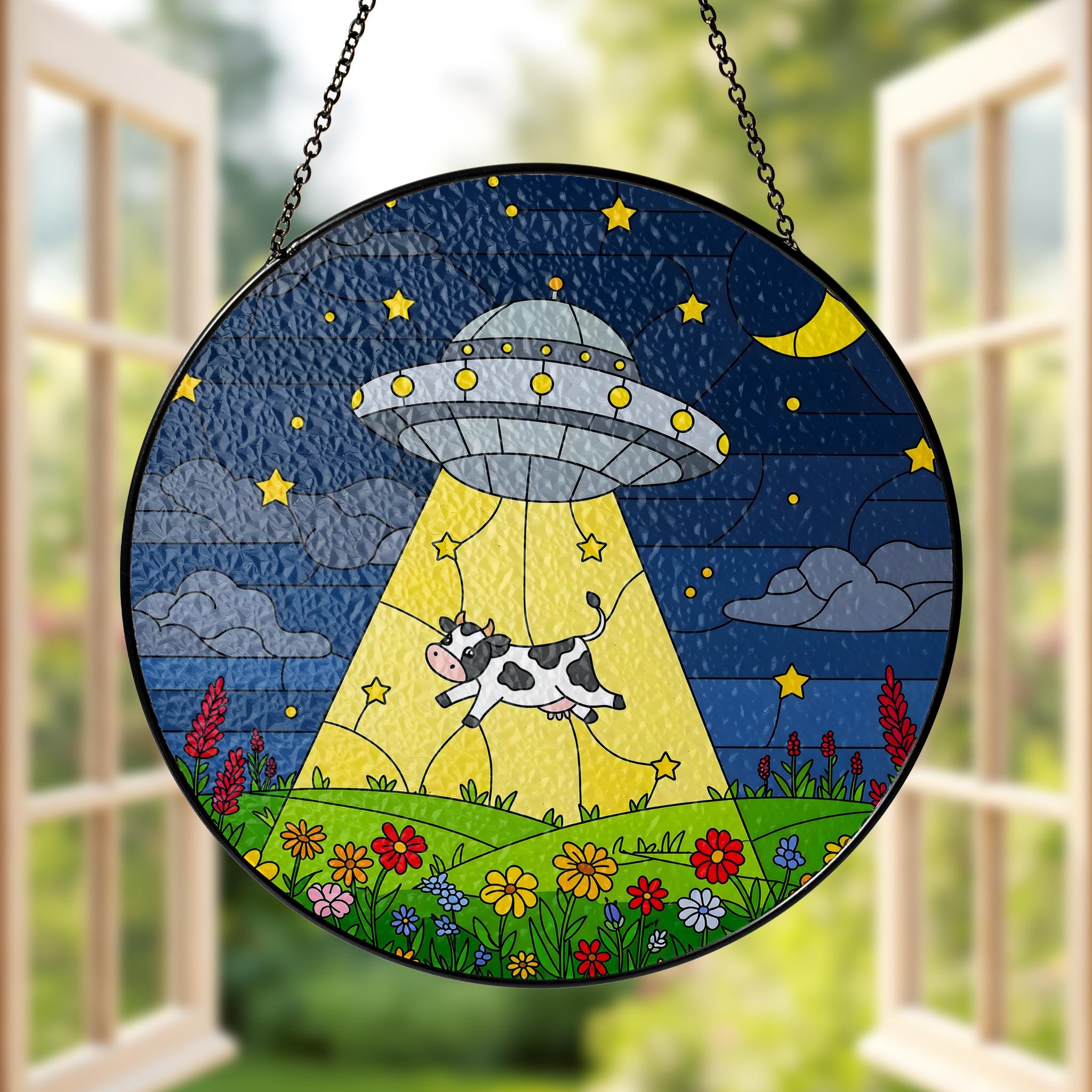 UFO Cow Abduction Glass Suncatcher, Funny Alien Window Hanging, Whimsical Farmhouse Decor, Funny Gift, Daily Cow Gift