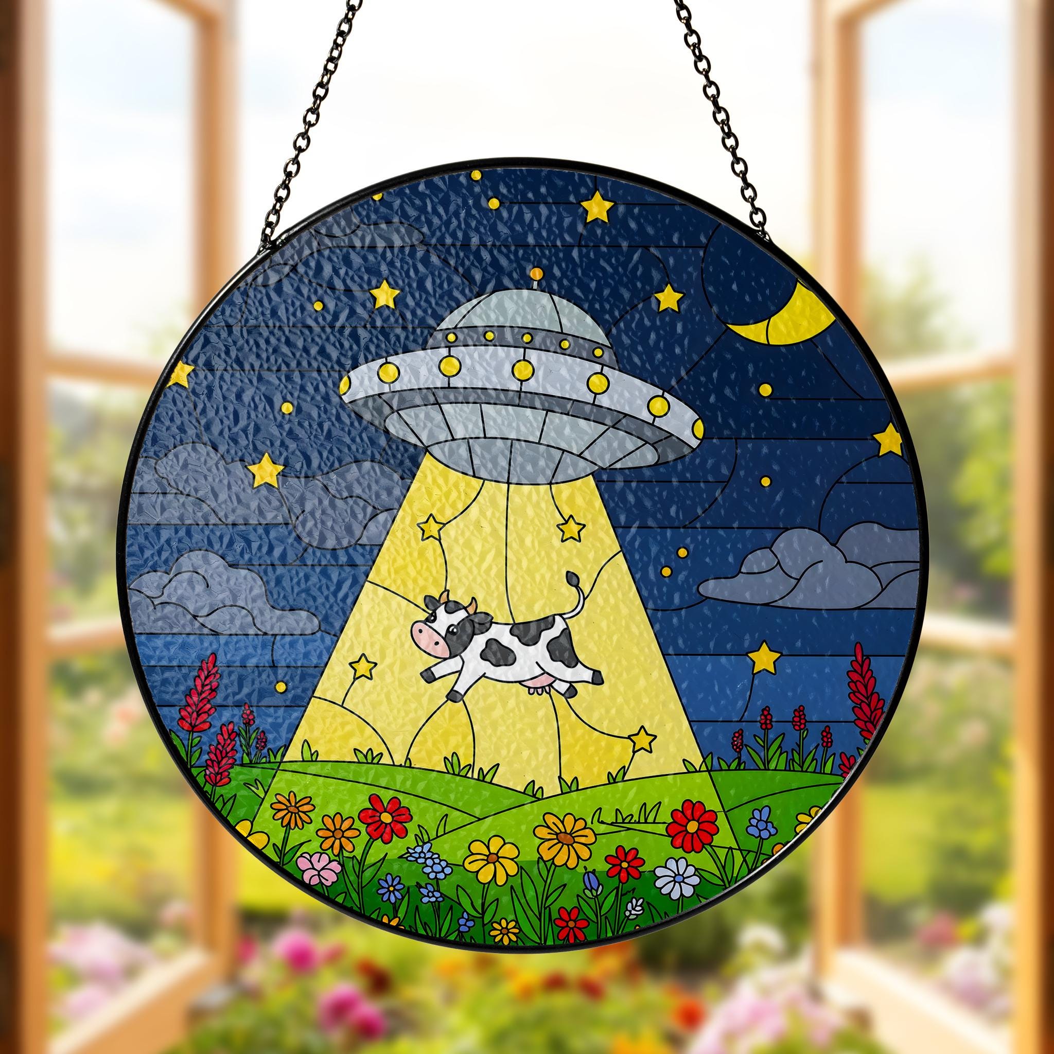 UFO Cow Abduction Glass Suncatcher, Funny Alien Window Hanging, Whimsical Farmhouse Decor, Funny Gift, Daily Cow Gift