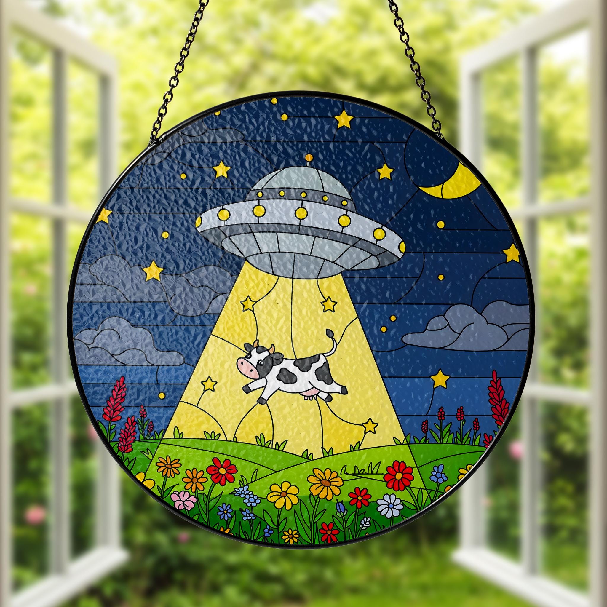 UFO Cow Abduction Glass Suncatcher, Funny Alien Window Hanging, Whimsical Farmhouse Decor, Funny Gift, Daily Cow Gift