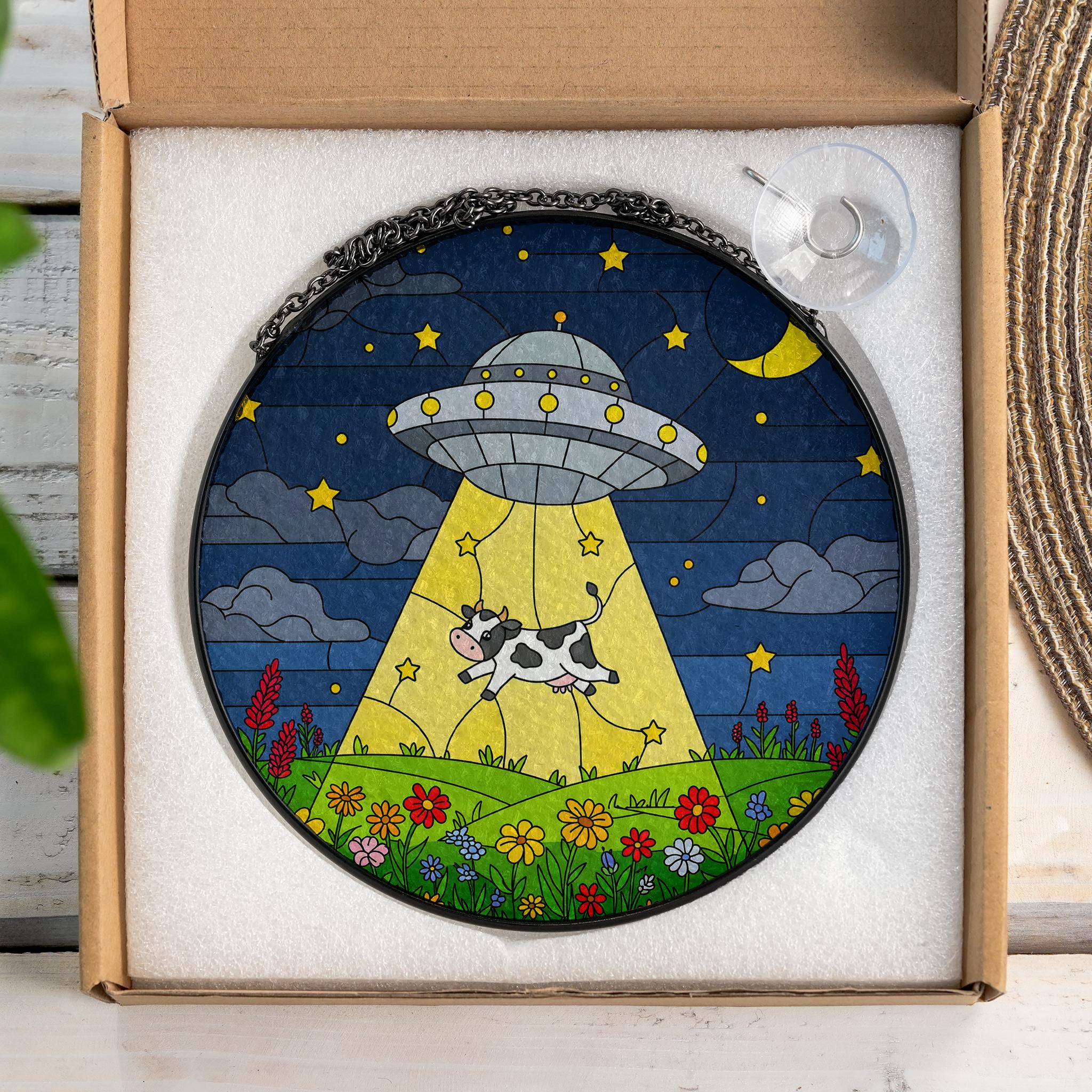 UFO Cow Abduction Glass Suncatcher, Funny Alien Window Hanging, Whimsical Farmhouse Decor, Funny Gift, Daily Cow Gift