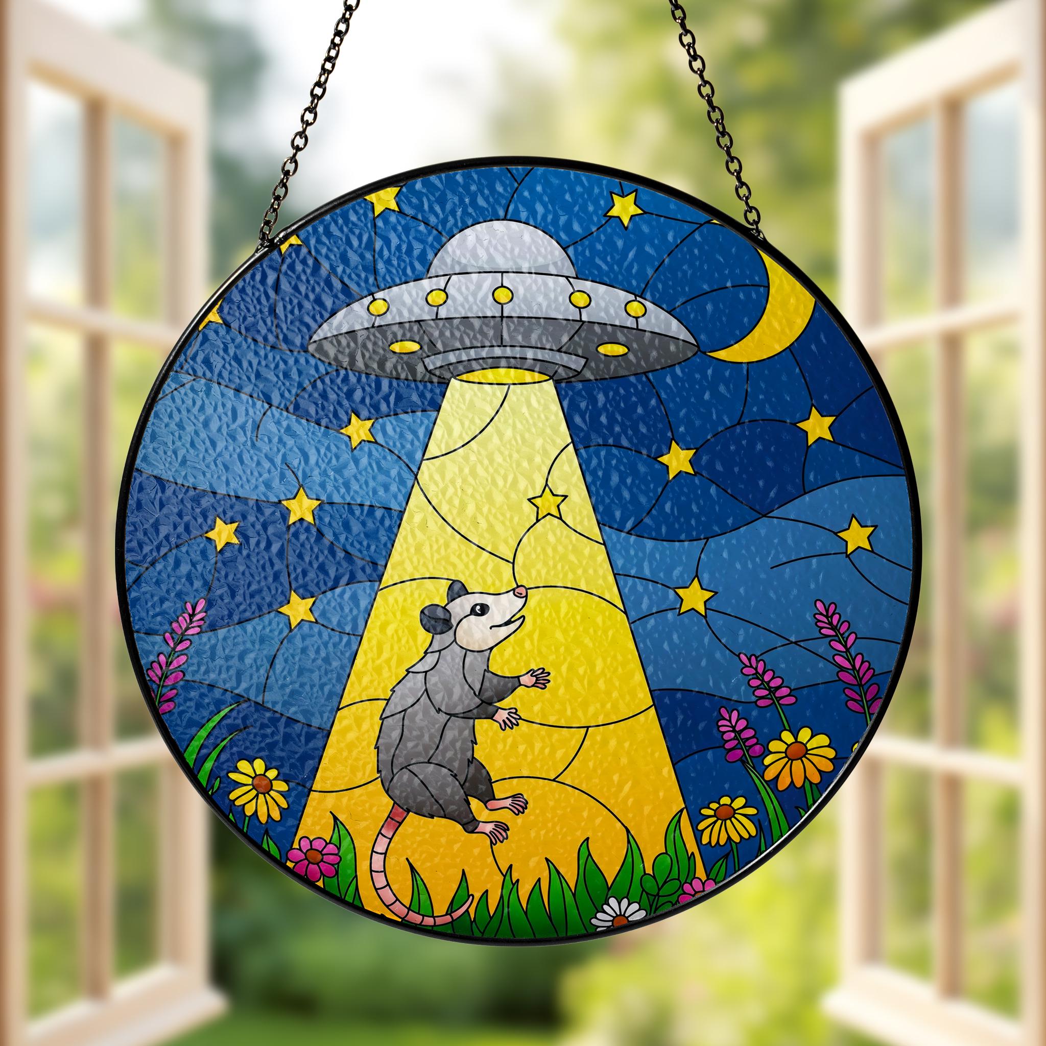 Opossum UFO Alien Funny Glass Suncatcher, Whimsical Possum Window Hanging Decor, Space Moon Gift, Opossum Lover Gift
