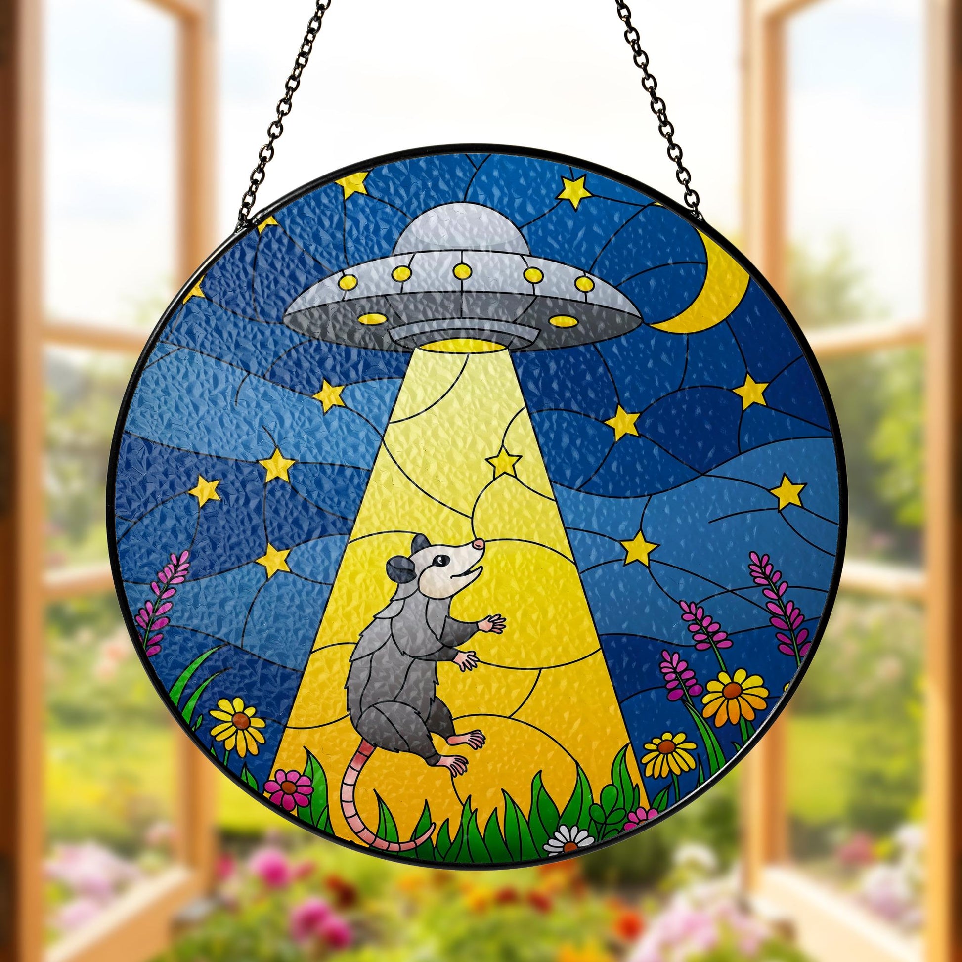 Opossum UFO Alien Funny Glass Suncatcher, Whimsical Possum Window Hanging Decor, Space Moon Gift, Opossum Lover Gift
