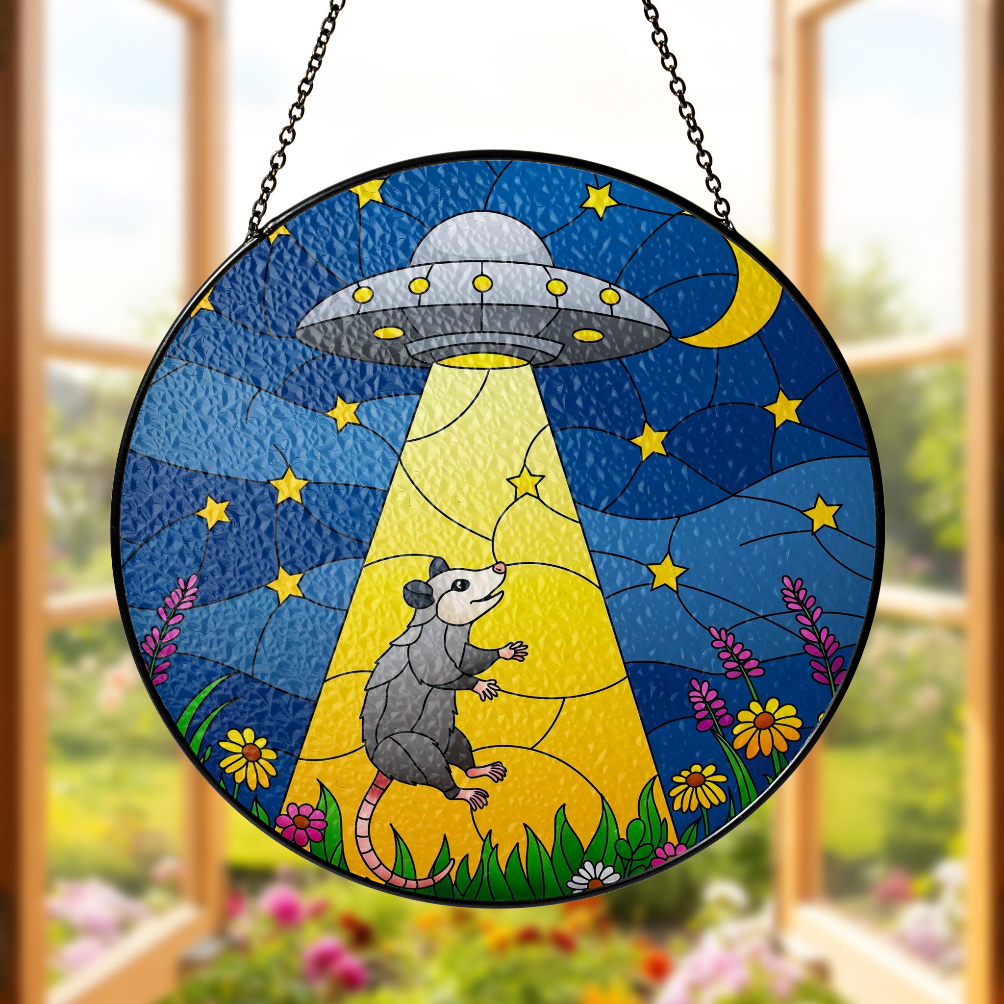 Opossum UFO Alien Funny Glass Suncatcher, Whimsical Possum Window Hanging Decor, Space Moon Gift, Opossum Lover Gift