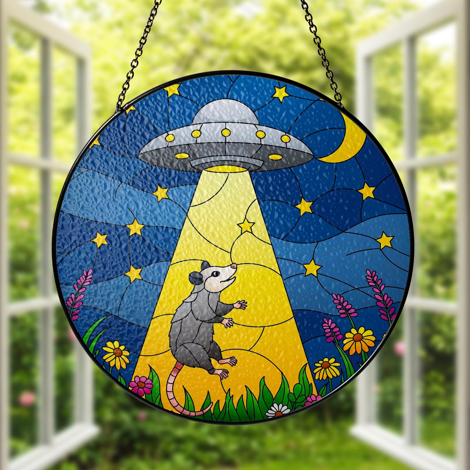 Opossum UFO Alien Funny Glass Suncatcher, Whimsical Possum Window Hanging Decor, Space Moon Gift, Opossum Lover Gift