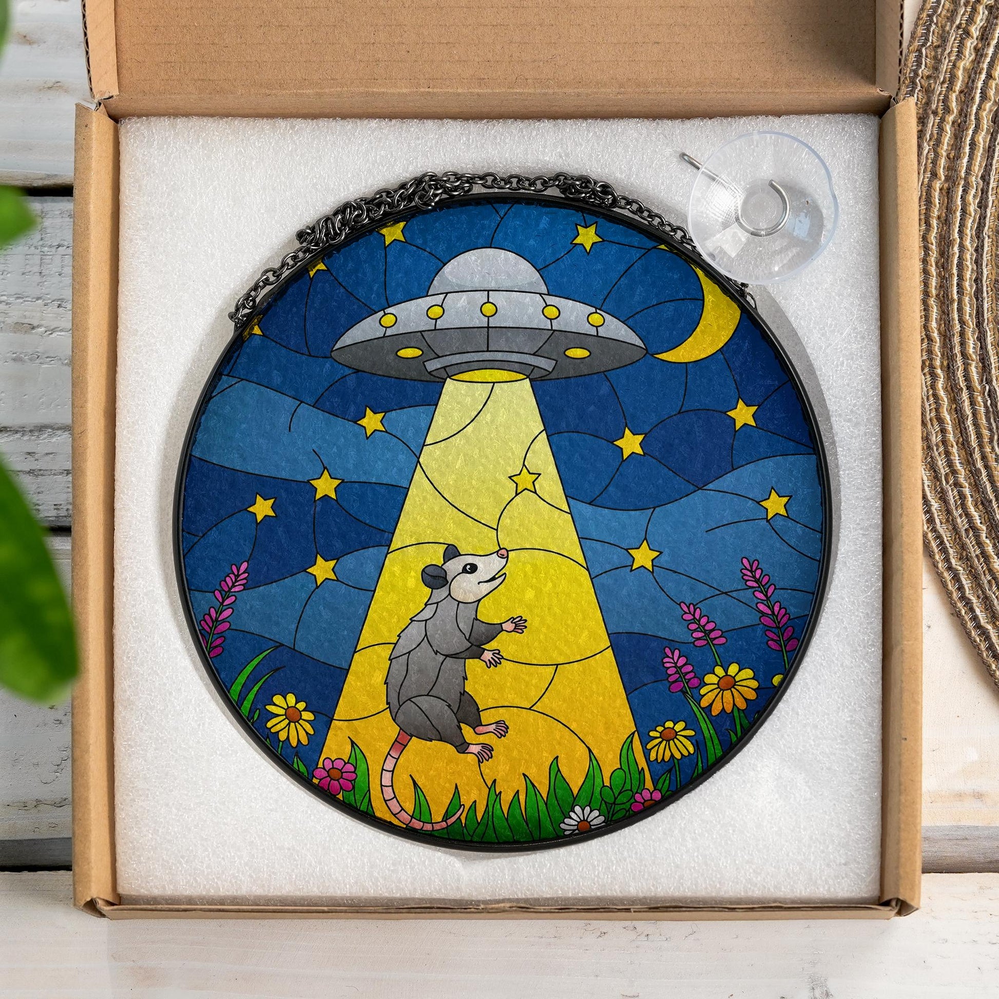 Opossum UFO Alien Funny Glass Suncatcher, Whimsical Possum Window Hanging Decor, Space Moon Gift, Opossum Lover Gift