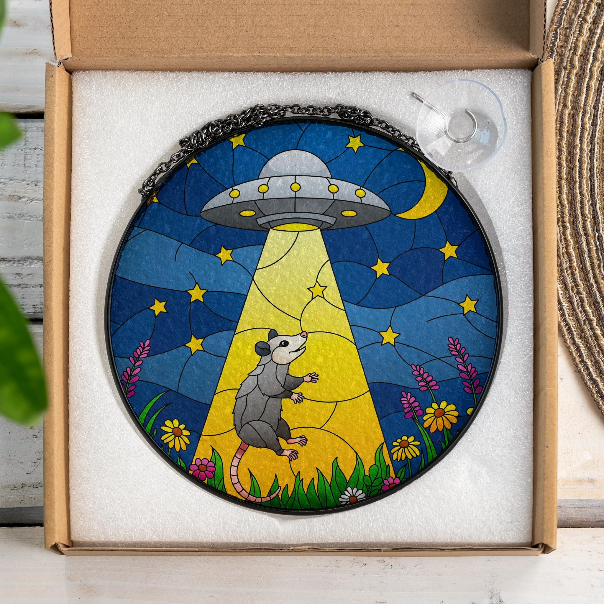 Opossum UFO Alien Funny Glass Suncatcher, Whimsical Possum Window Hanging Decor, Space Moon Gift, Opossum Lover Gift