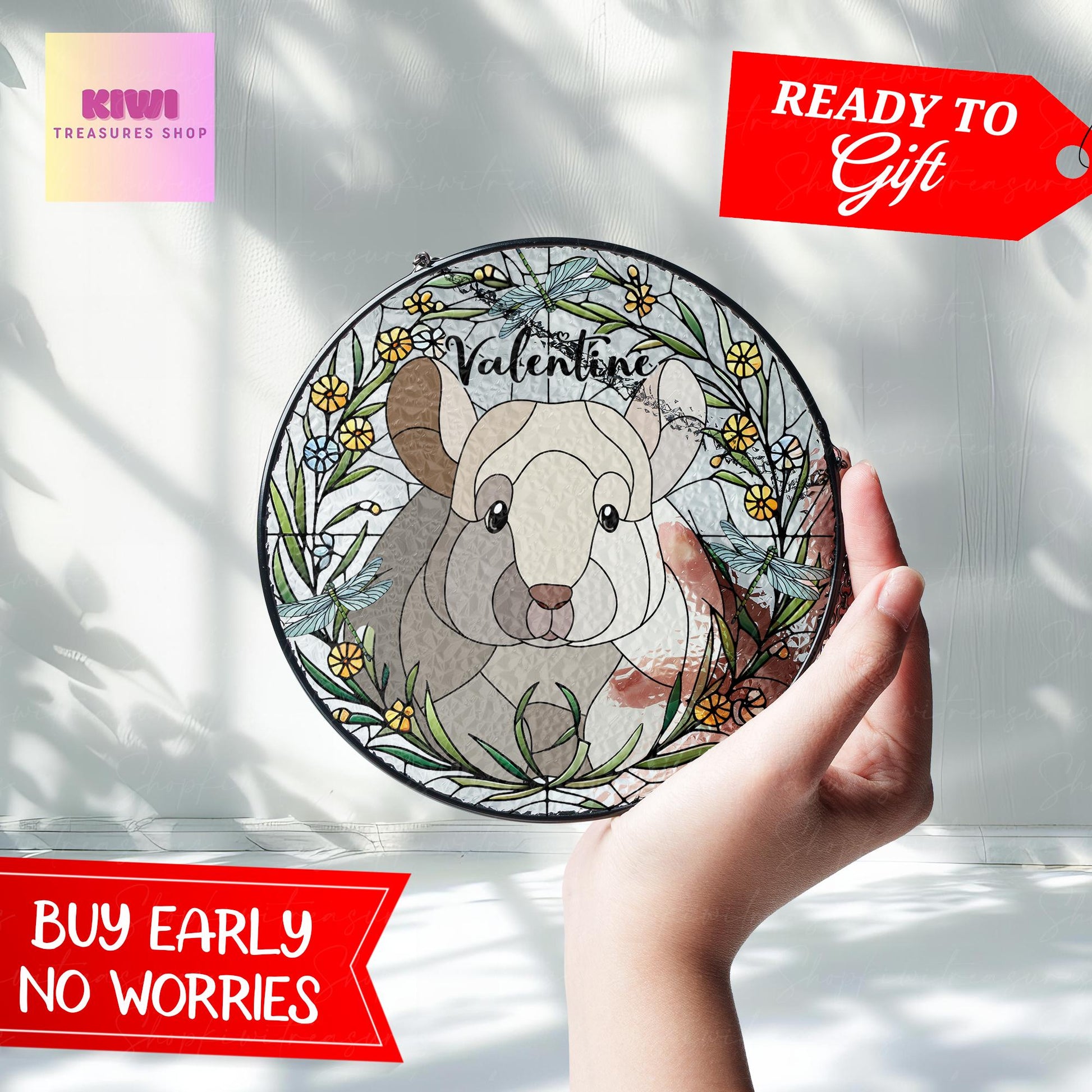 Mother's day gift set 2025 – Custom Chinchilla Portrait Glass Suncatcher Window Hanging for Pet Lover Mom keepsake