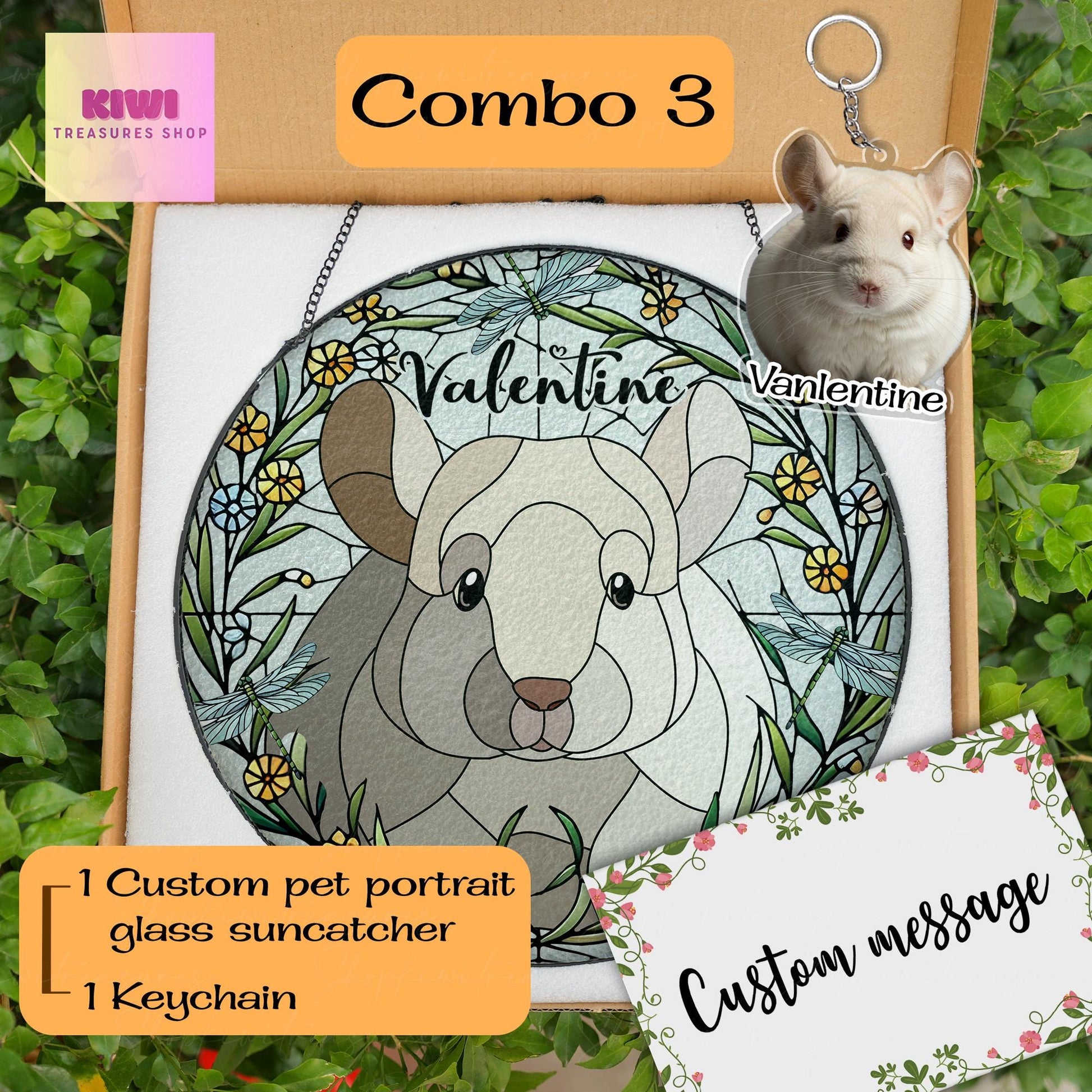 Mother's day gift set 2025 – Custom Chinchilla Portrait Glass Suncatcher Window Hanging for Pet Lover Mom keepsake