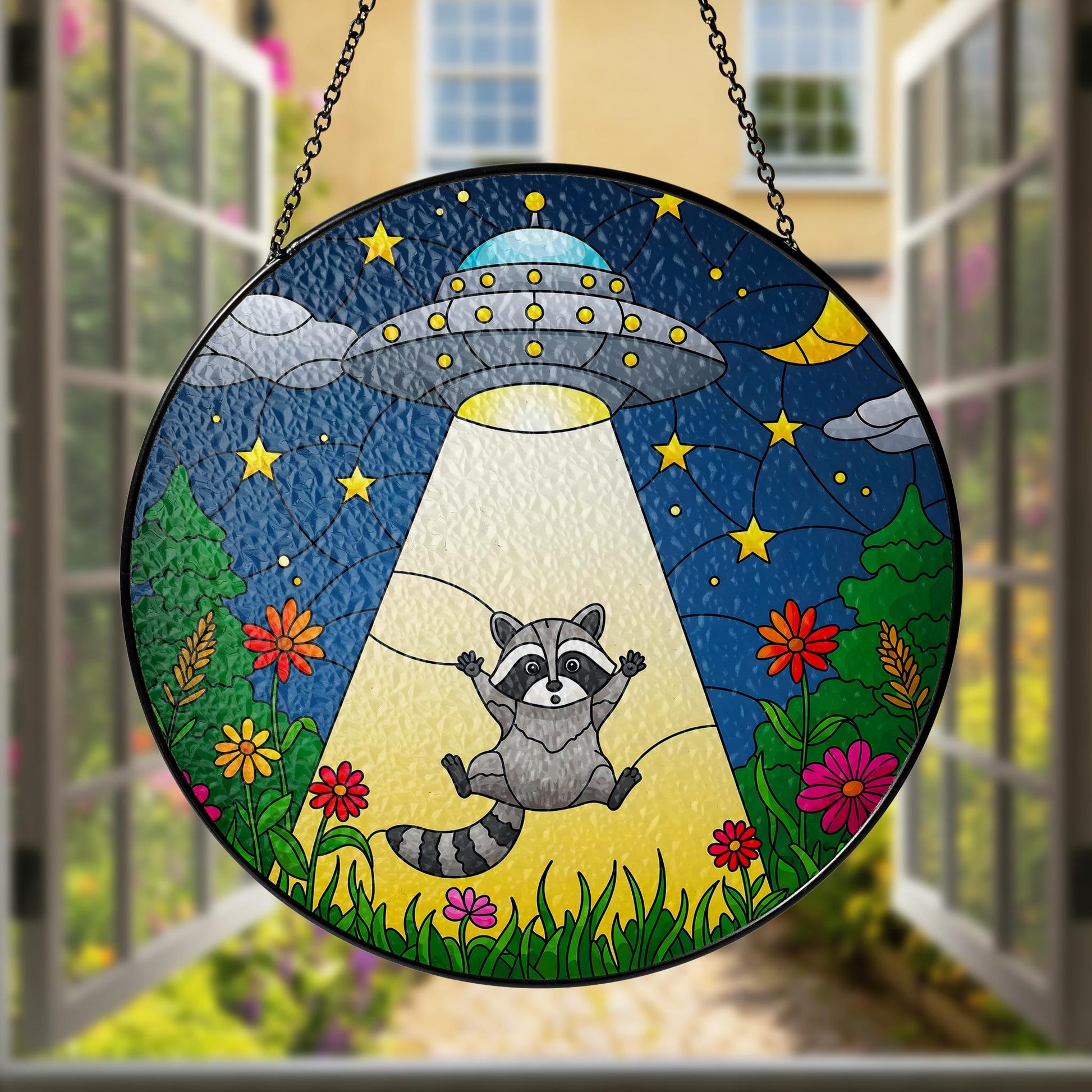 Raccoon UFO Alien Funny Glass Suncatcher, Whimsical Raccoon Window Hanging Decor, Space Moon Gift, Animal Lover Gift