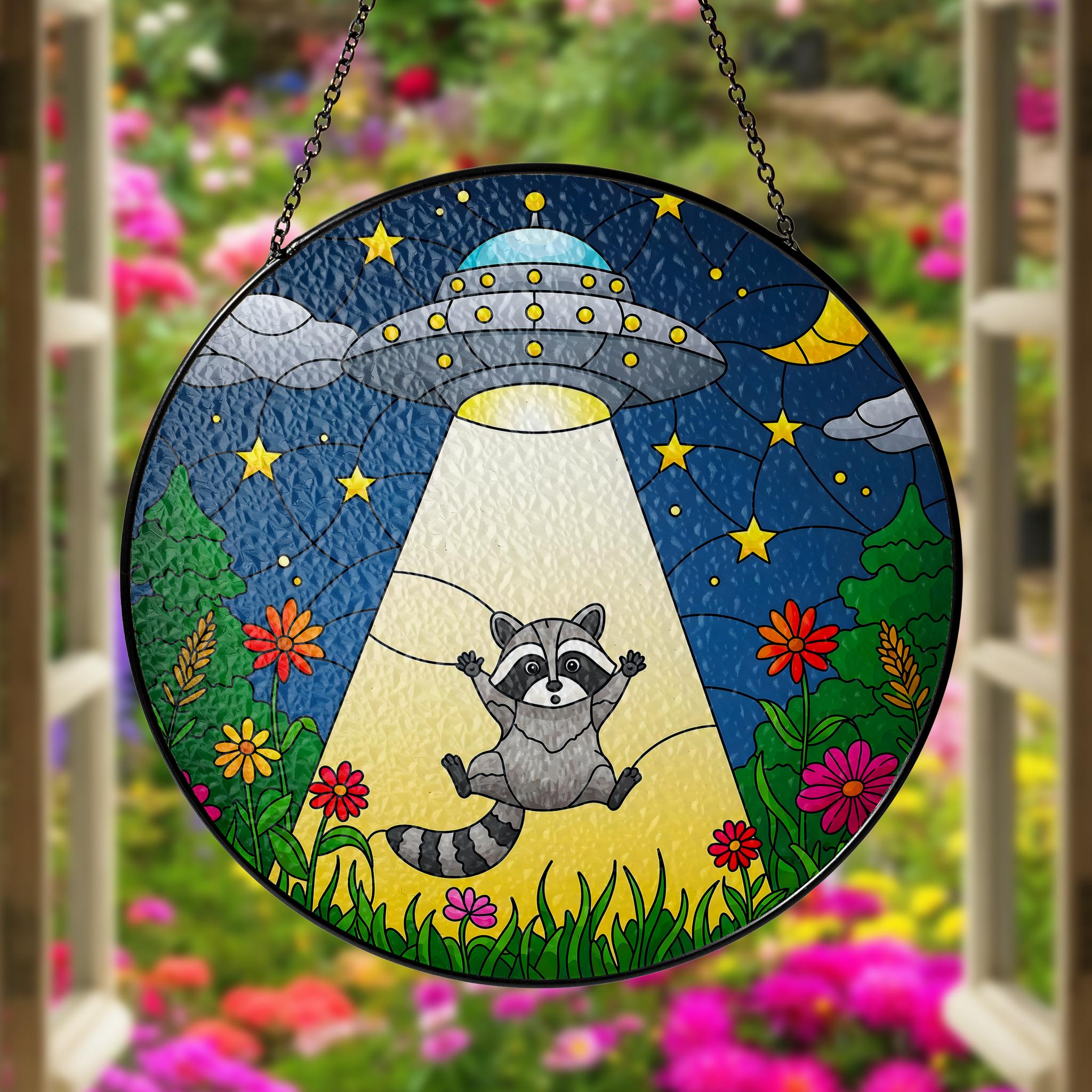 Raccoon UFO Alien Funny Glass Suncatcher, Whimsical Raccoon Window Hanging Decor, Space Moon Gift, Animal Lover Gift