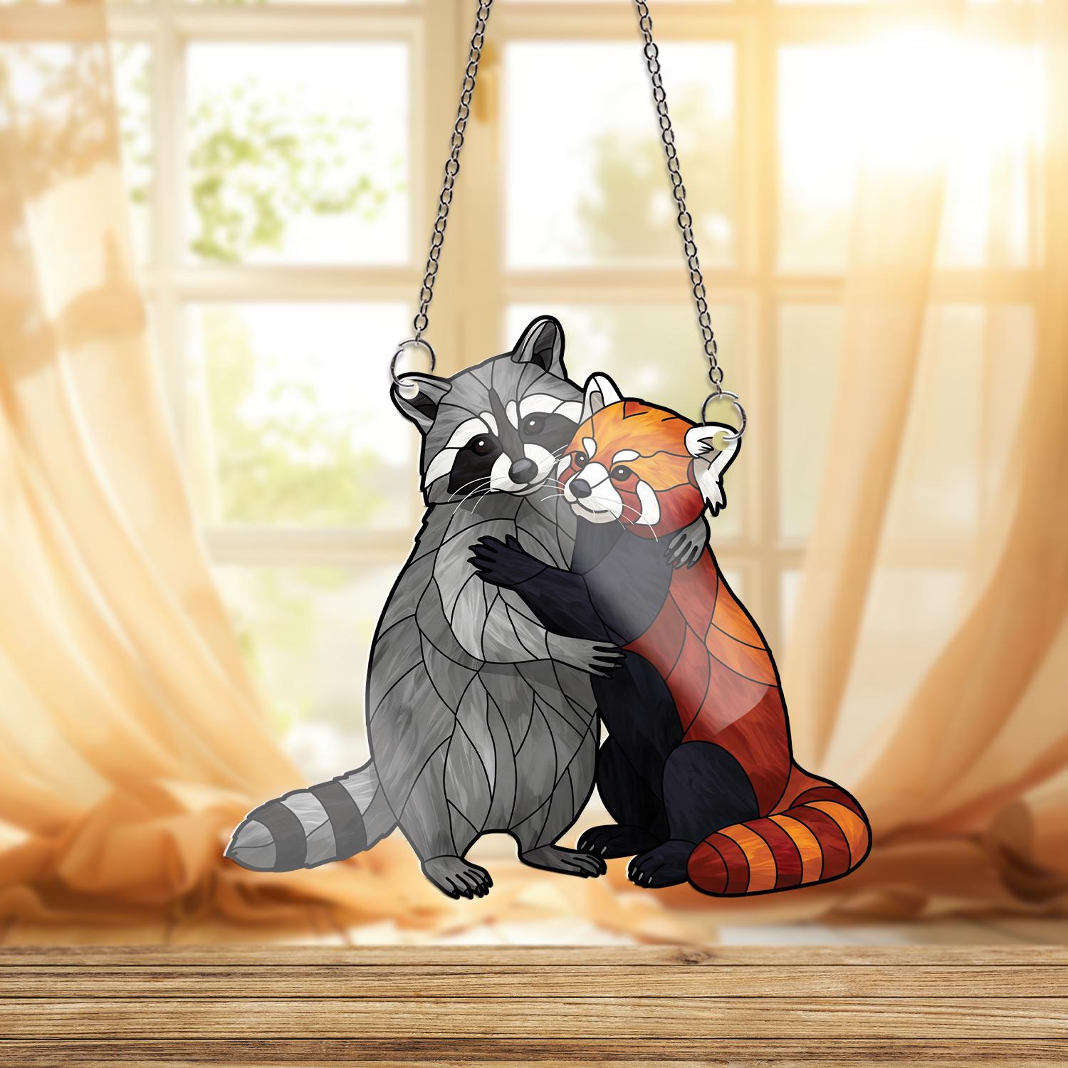 Raccoon Hugging Red Panda ACRYLIC Window Hanging, Animal Lover Decor, Animal Gift,Raccoon Gift, Cute Red Panda, Gift For Friend, Bestis Gift