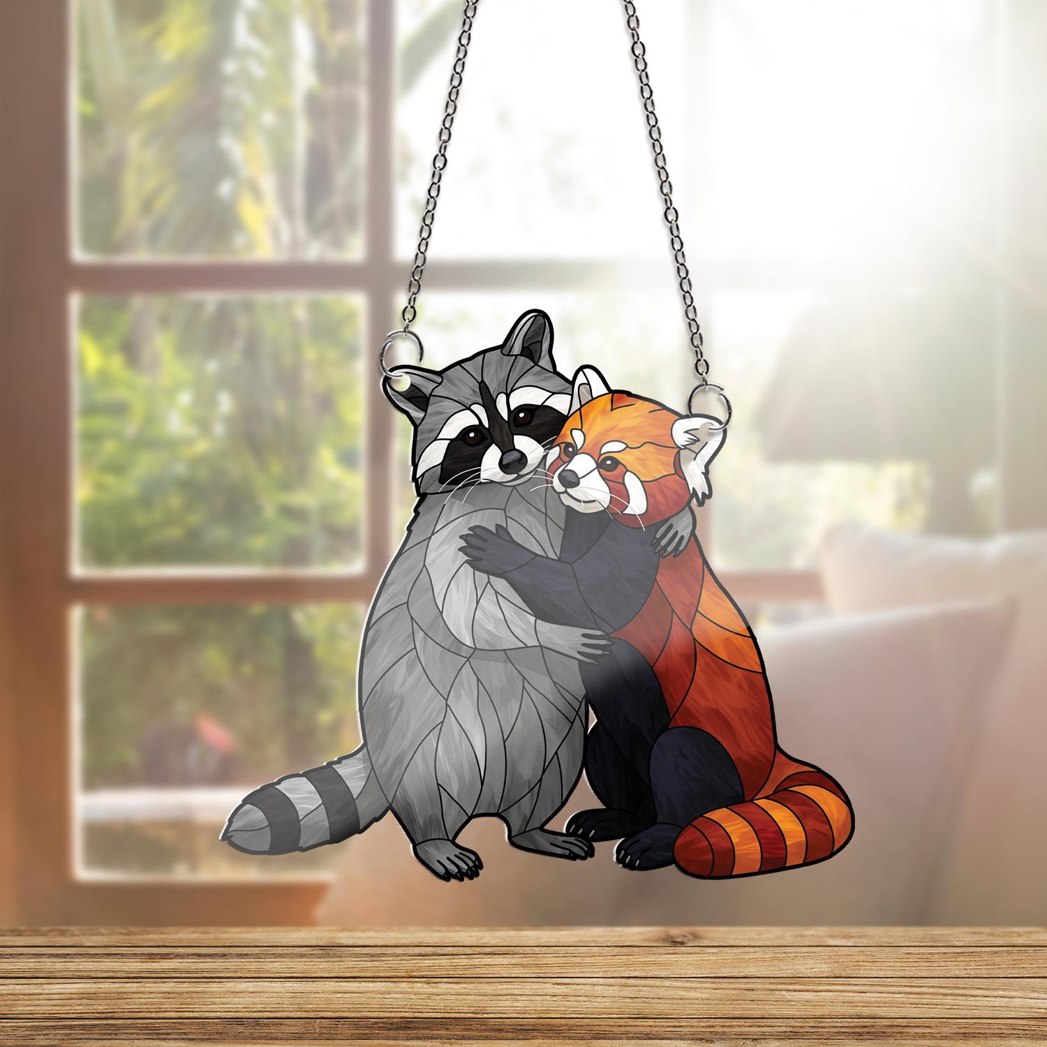 Raccoon Hugging Red Panda ACRYLIC Window Hanging, Animal Lover Decor, Animal Gift,Raccoon Gift, Cute Red Panda, Gift For Friend, Bestis Gift