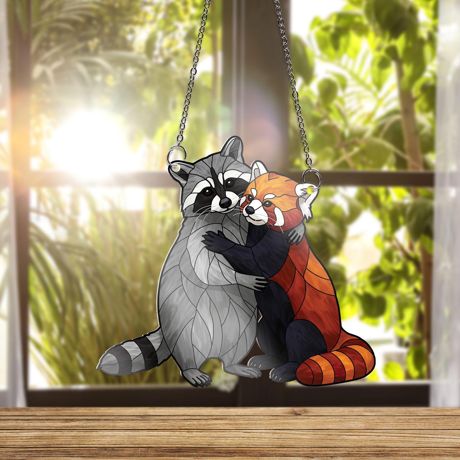 Raccoon Hugging Red Panda ACRYLIC Window Hanging, Animal Lover Decor, Animal Gift,Raccoon Gift, Cute Red Panda, Gift For Friend, Bestis Gift