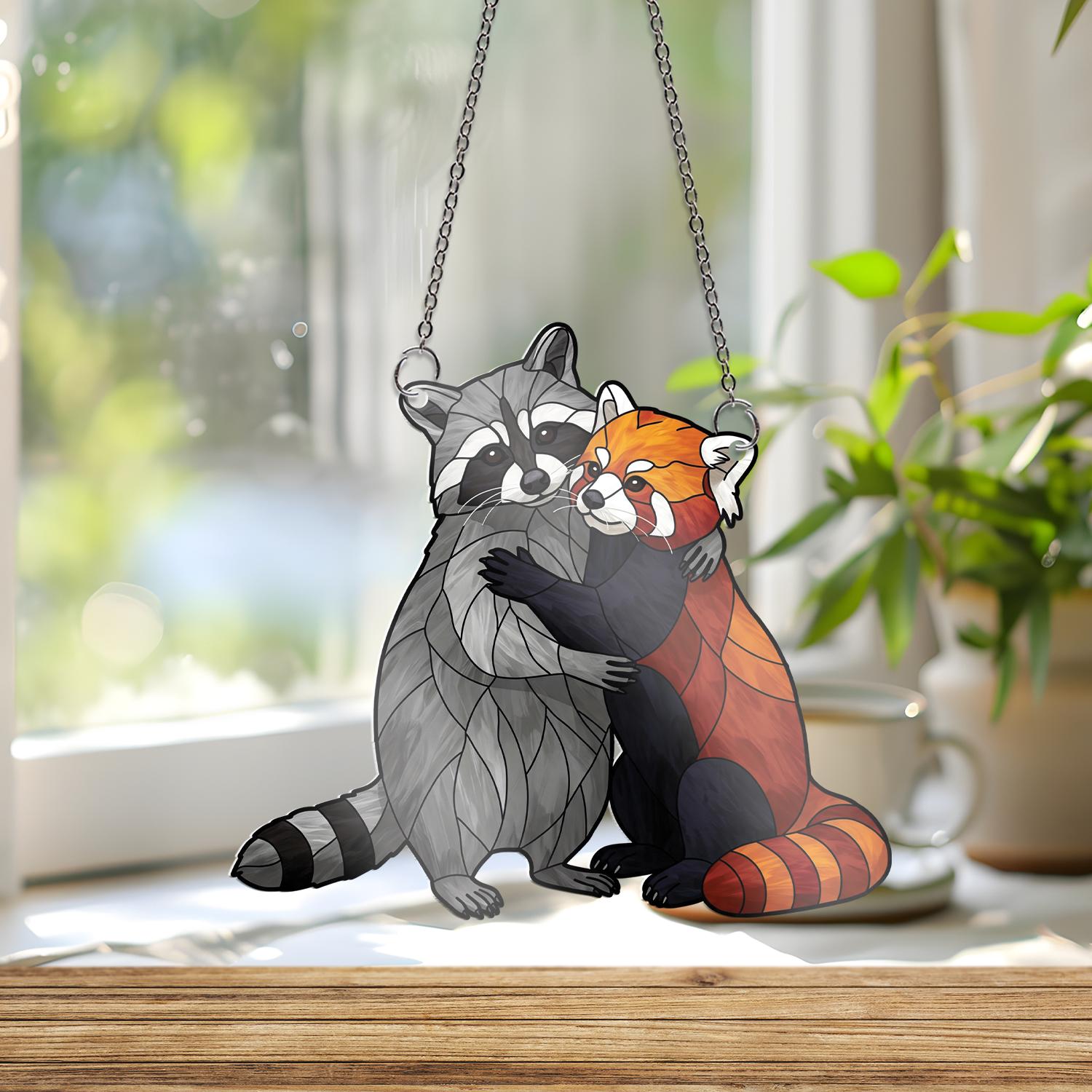 Raccoon Hugging Red Panda ACRYLIC Window Hanging, Animal Lover Decor, Animal Gift,Raccoon Gift, Cute Red Panda, Gift For Friend, Bestis Gift