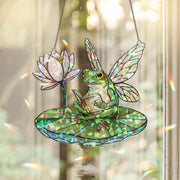 Fairy Frog Read Book Hologram Suncatcher Window Hanging, Faux Stained Glass Decor for Reading Lovers, Unique Gift Idea reading room decor
