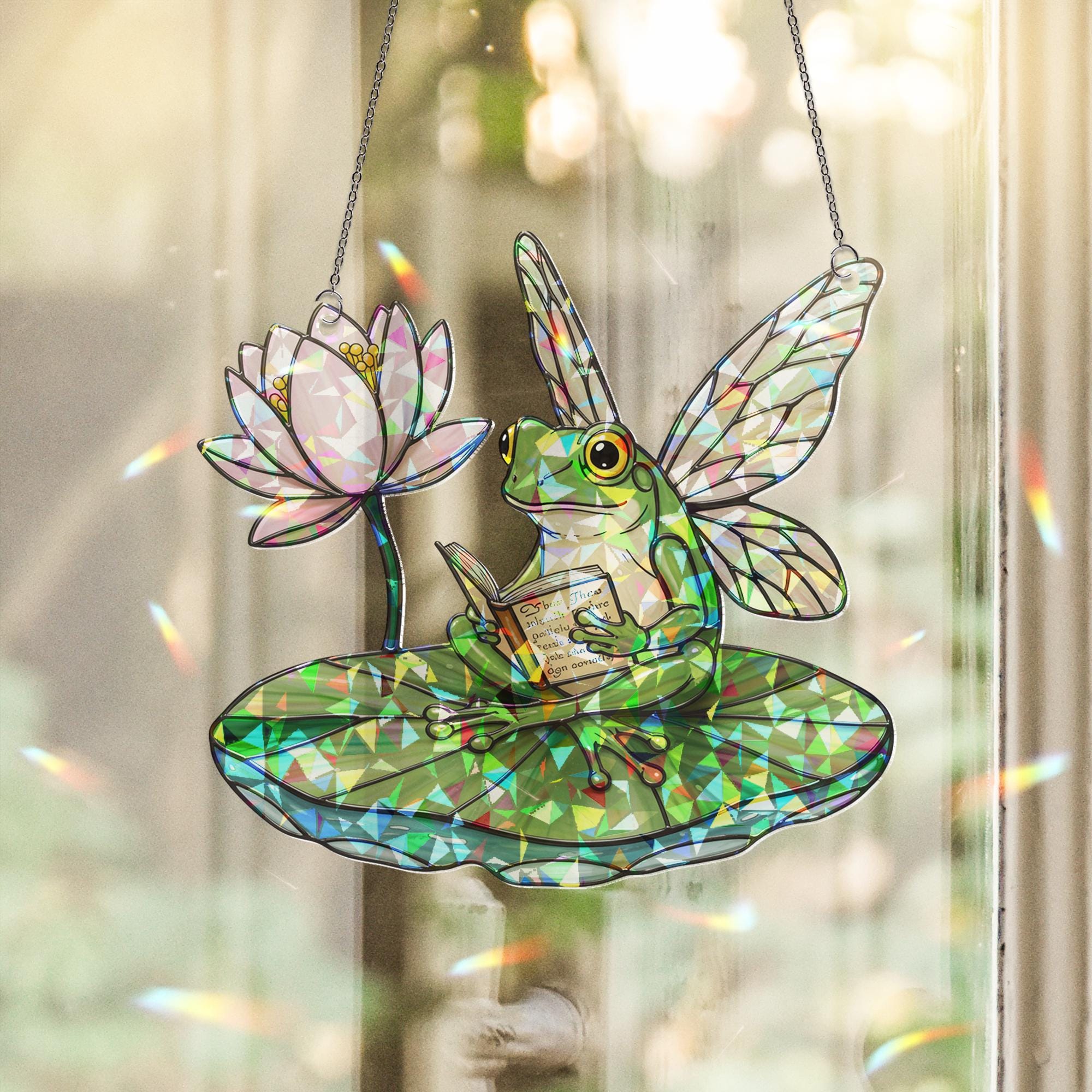 Fairy Frog Read Book Hologram Suncatcher Window Hanging, Faux Stained Glass Decor for Reading Lovers, Unique Gift Idea reading room decor