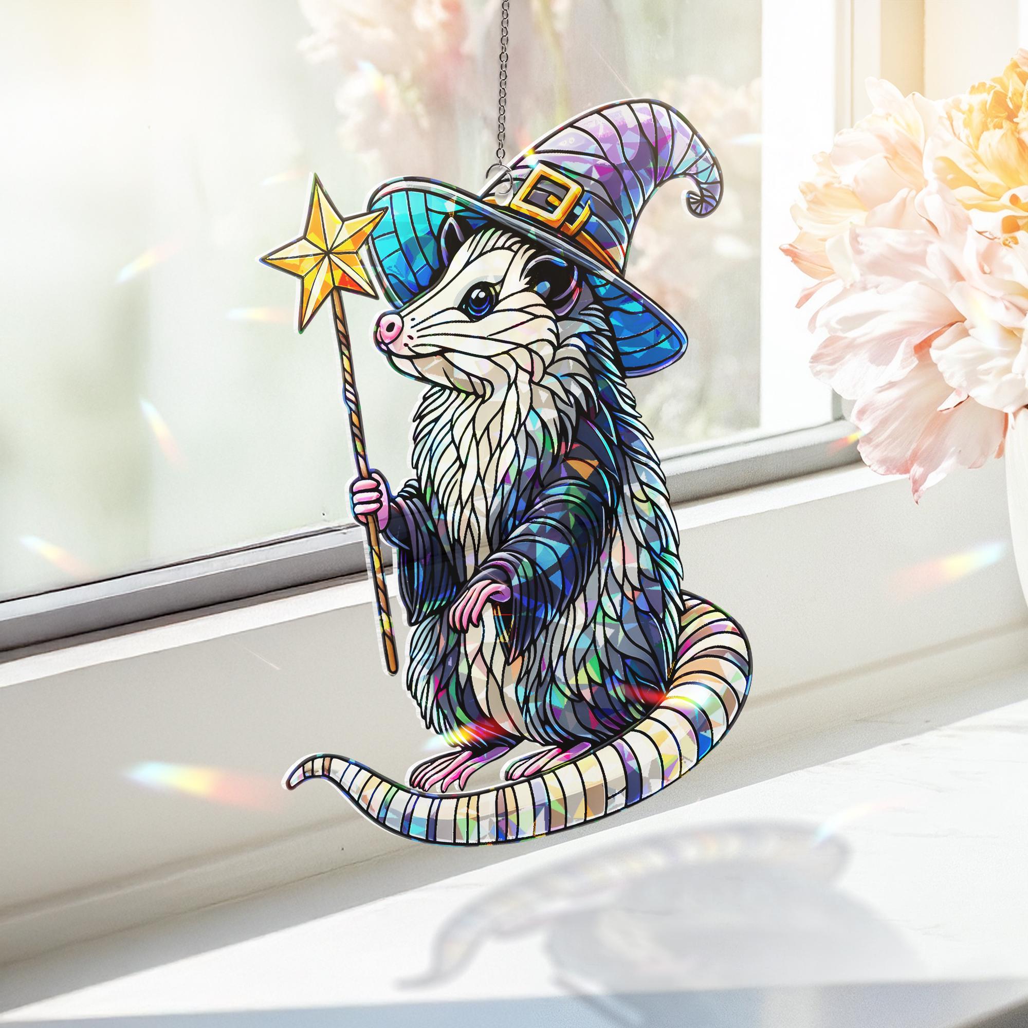 Witchy Opossum Hologram Window Hanging, Quirky Wizard Possum Suncatcher, Perfect Gift for Witchy Home Decor, possum lover gift