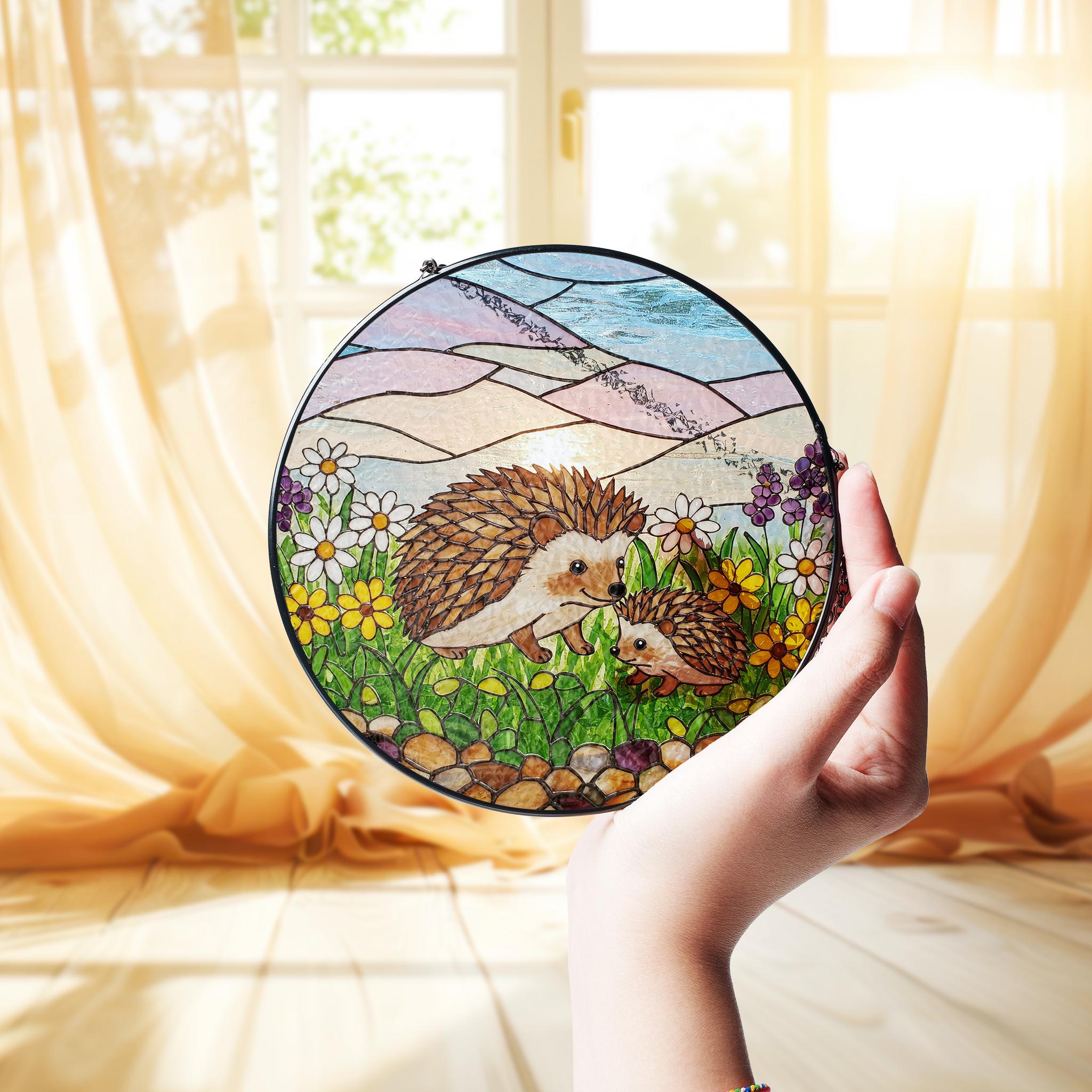 Hedgehog Family Mom Glass Suncatcher, Nature Window Hanging, Cute Gift for Mom and Grandma, Animal Lover Gift, Garden Decor, Mother's Day