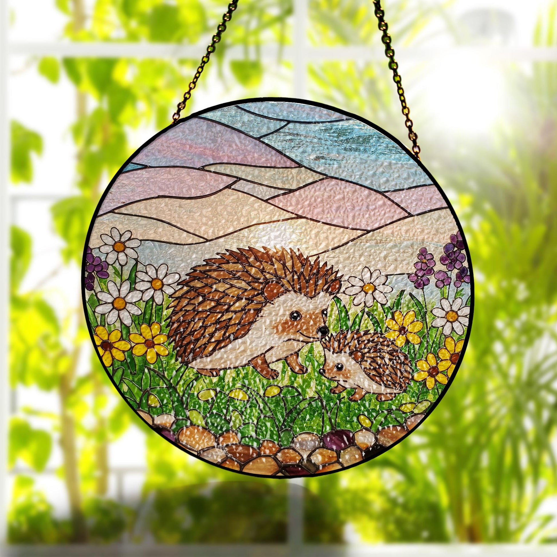 Hedgehog Family Mom Glass Suncatcher, Nature Window Hanging, Cute Gift for Mom and Grandma, Animal Lover Gift, Garden Decor, Mother's Day