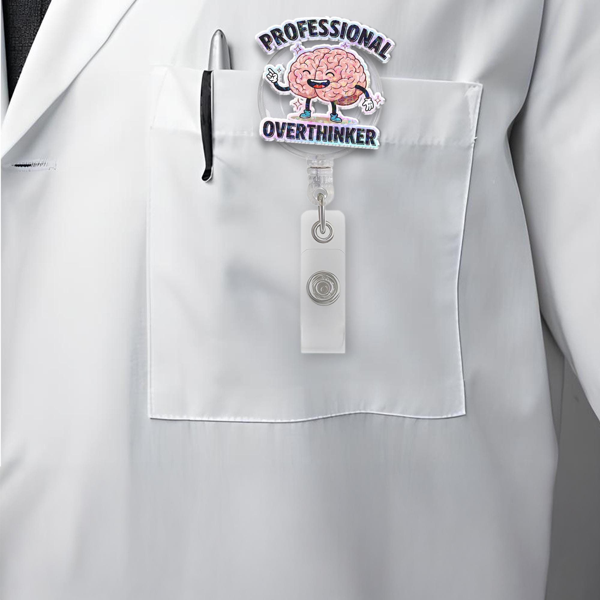 Professional Overthinker Badge Reel, Funny Brain Retractable ID Holder Cute Humorous Gift for Nurse Teacher Student Office Worker Anxiety