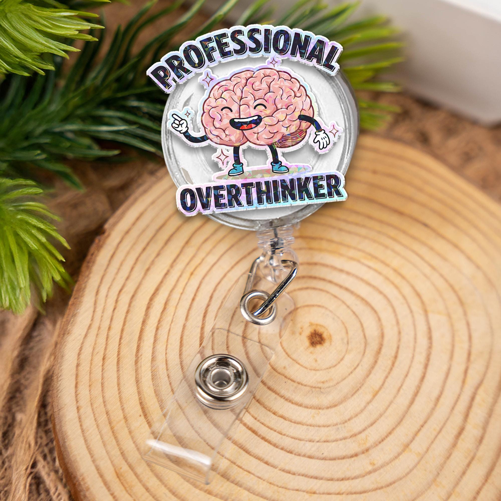Professional Overthinker Badge Reel, Funny Brain Retractable ID Holder Cute Humorous Gift for Nurse Teacher Student Office Worker Anxiety
