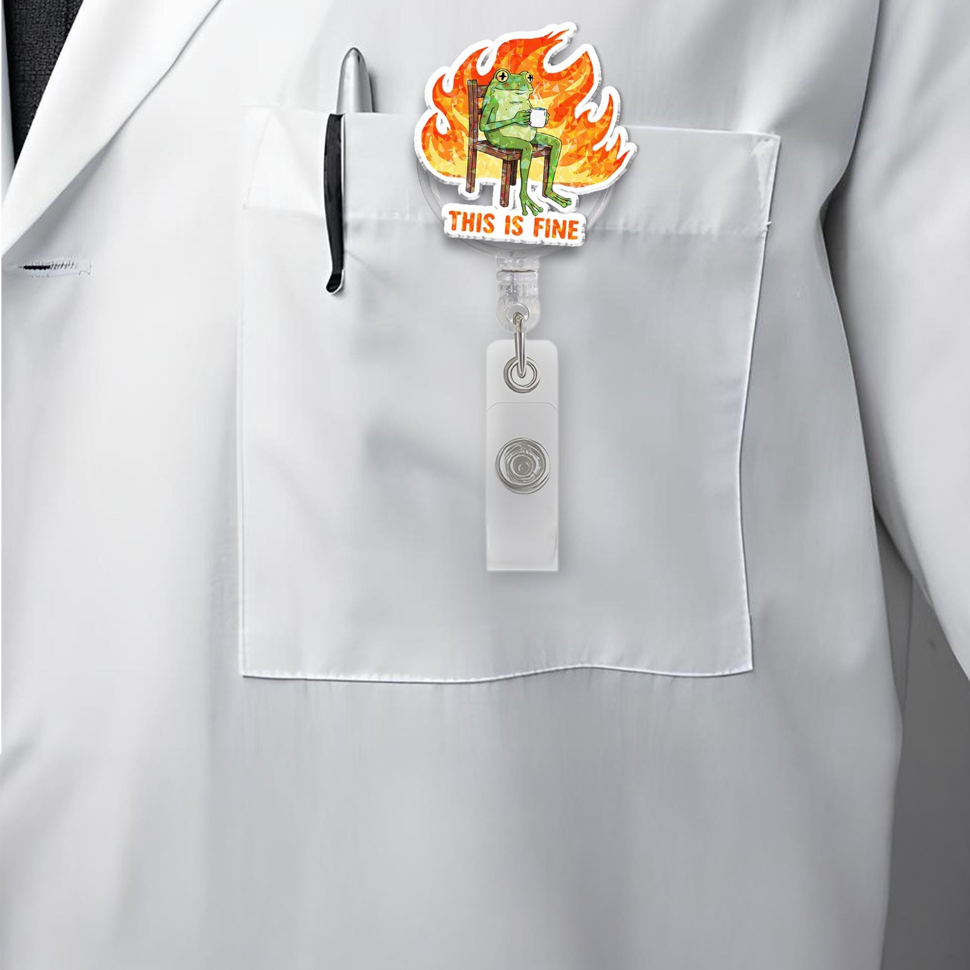 Funny Frog This Is Fine Badge Reel, Retractable ID Holder, Nurse Badge, Cute Medical Staff Gift, Frog Meme Badge Clip