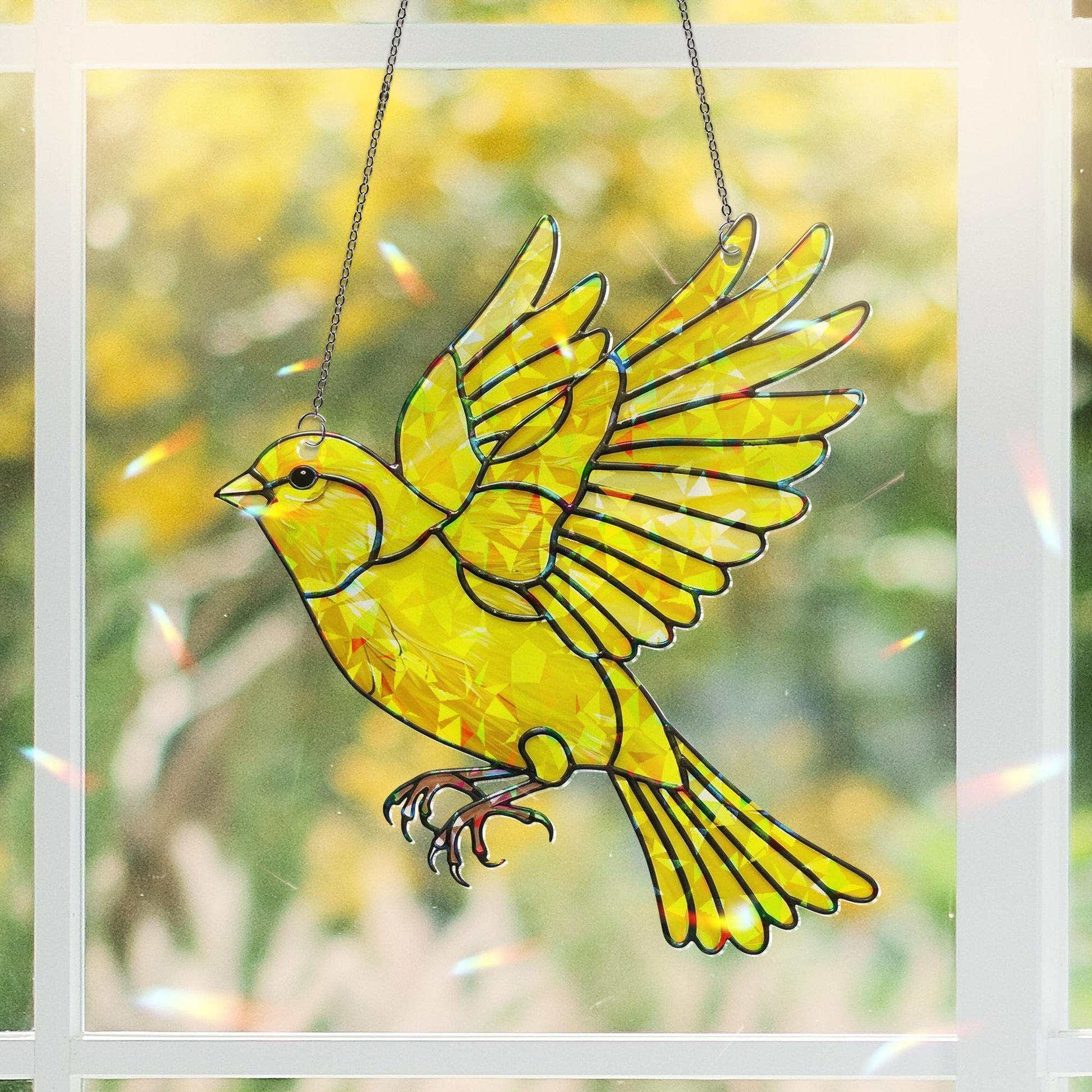 Yellow Canary Bird Suncatcher – Holographic Acrylic Window Decor – Mother's Day Gift for Mom – Bright Bird Ornament, faux stained glass
